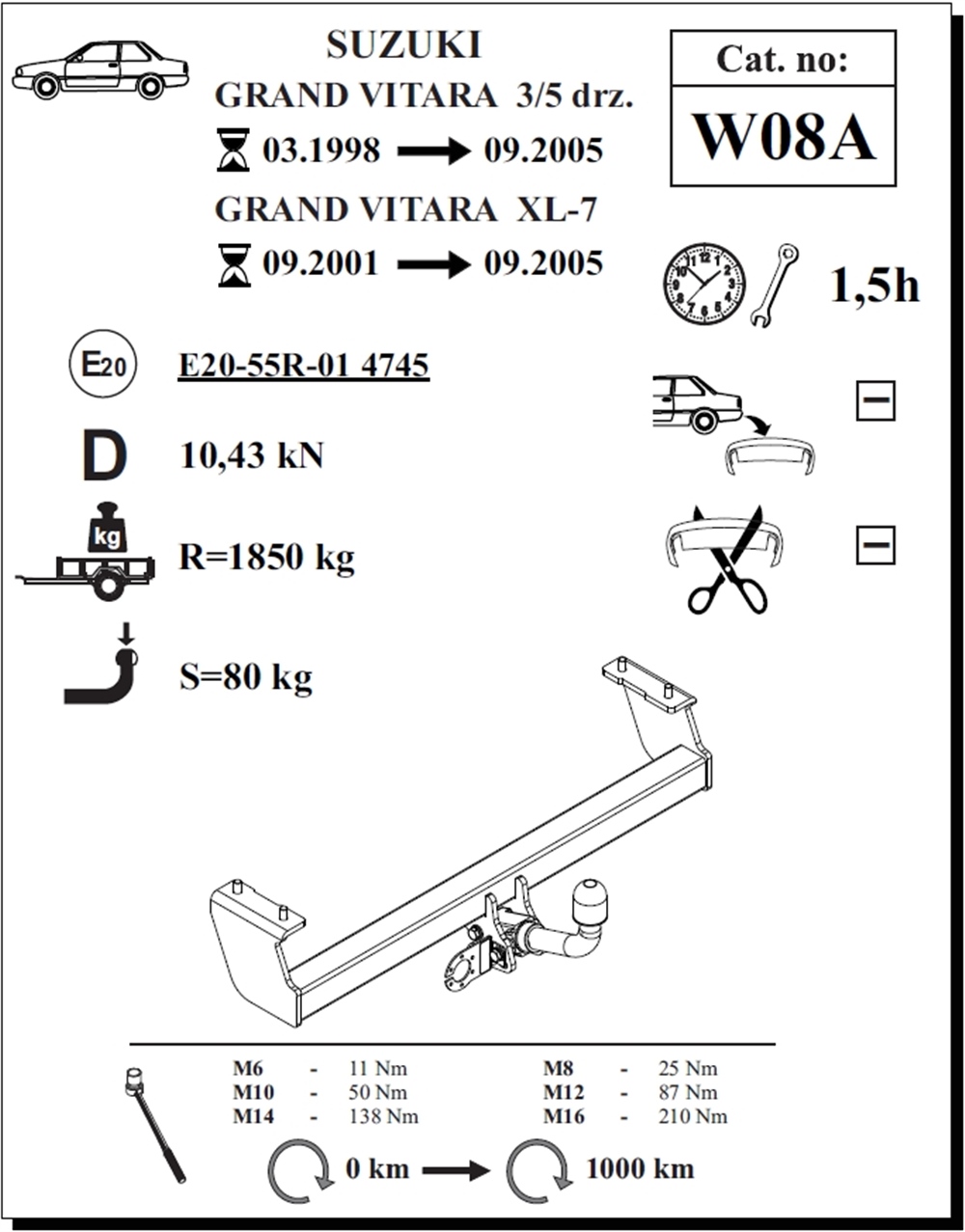 Suzuki Grand Vitara 3/5K Çeki Demiri , Yatay Sökülebilir , 1998 - 2005