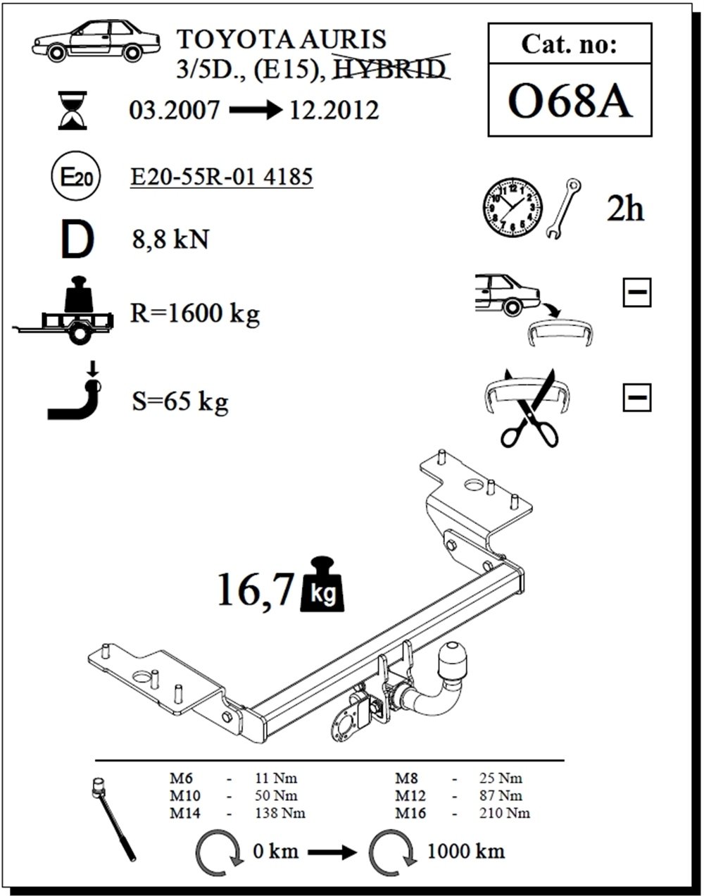 Toyota Auris Çeki Demiri , Yatay Sökülebilir , 2007 - 2012