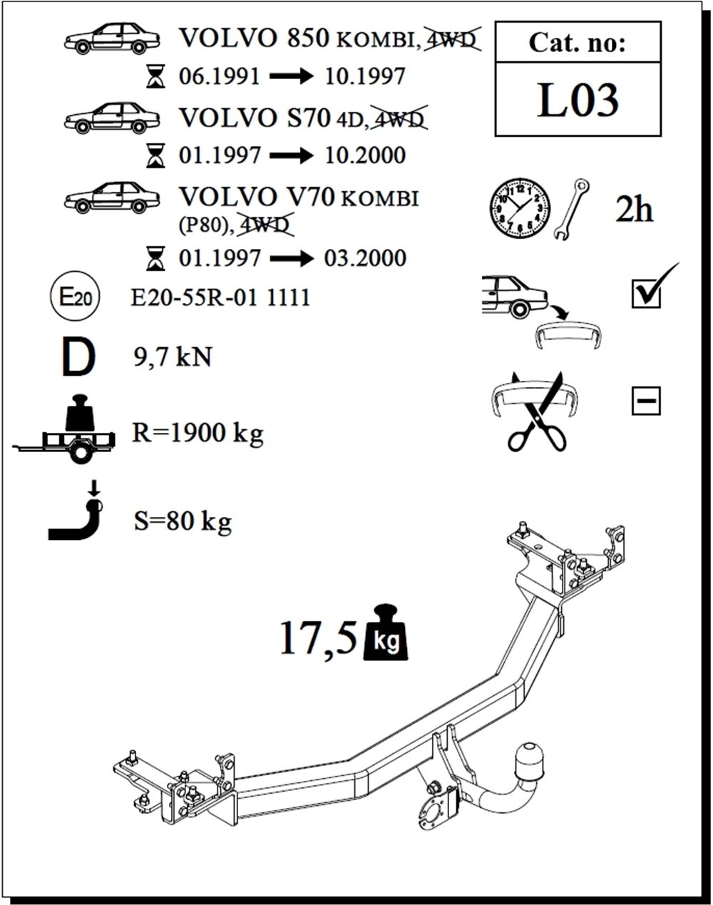 Volvo 850 Kombi Çeki Demiri , Kuğu Boynu - Sabit , 1991 - 1997