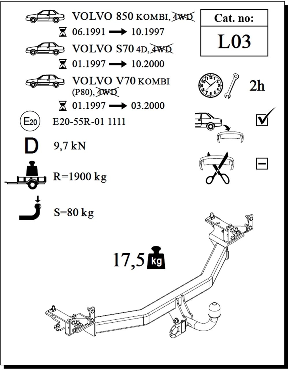 Volvo V70 Çeki Demiri , Kuğu Boynu - Sabit , 1997 - 2000