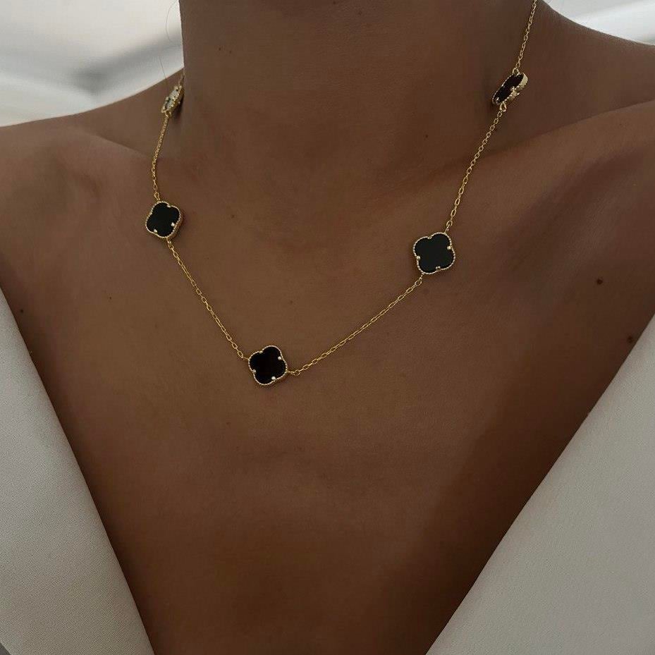 925 AYAR GÜMÜŞ SİYAH OPAL TAŞLI BEŞLİ YONCA KOLYE