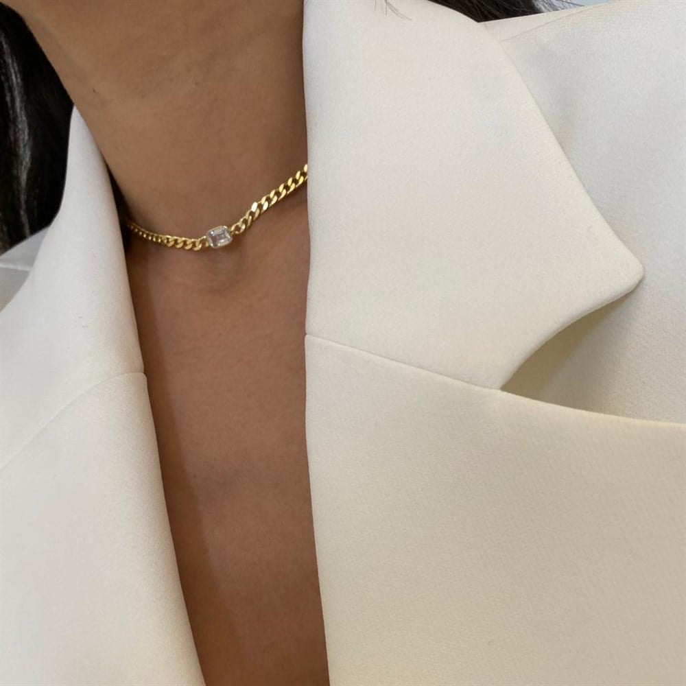 925 dikdörtgen taşlı kalın zincirli choker