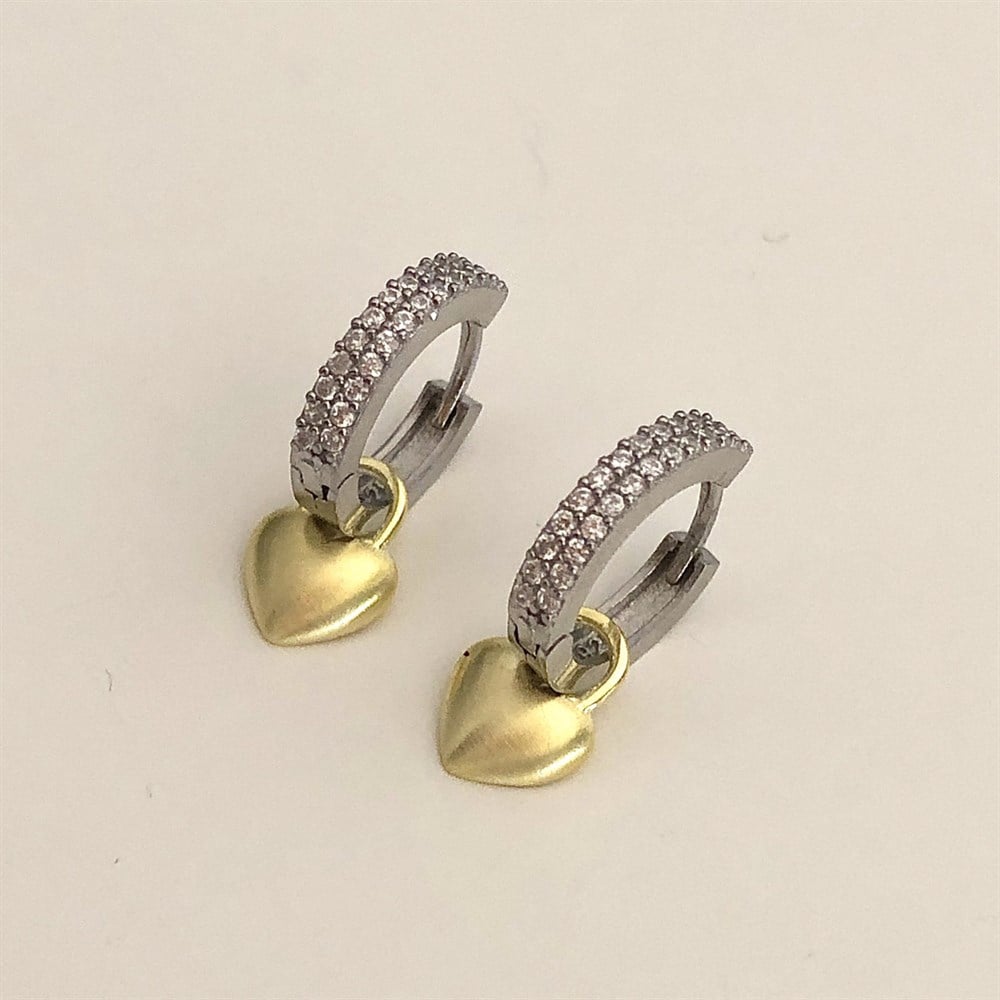 gold&silver karışık renkli taş halkalı kalp küpe 