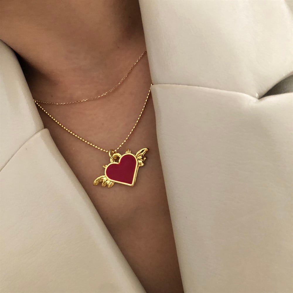 kanatlı kırmızı kalp kolye