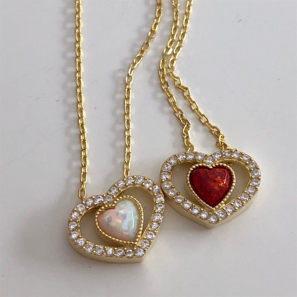 Kırmızı Opal Taşlı Kalp Kolye 925