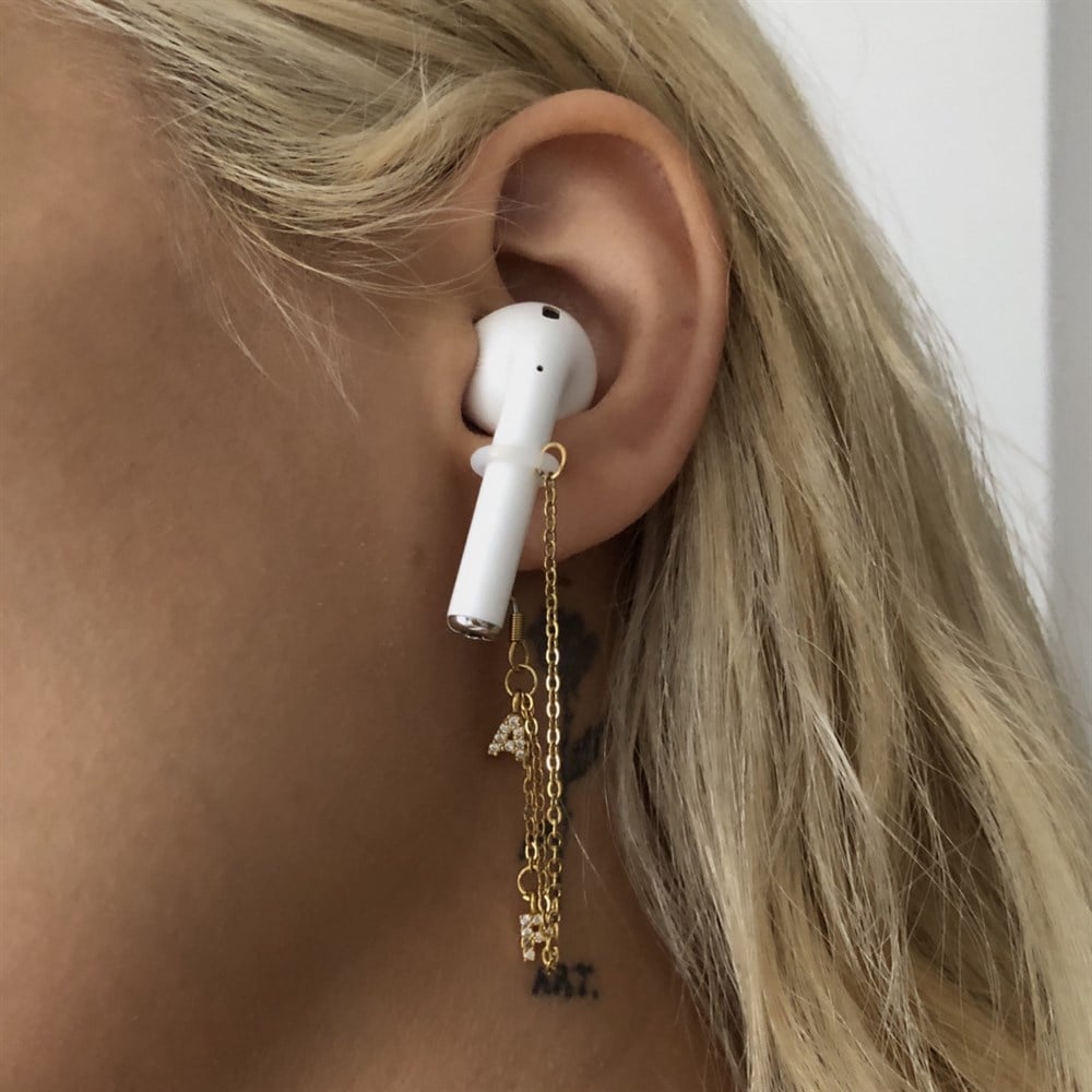 Taşlı harfli airpods tutucu küpe İSTEDİĞİNİ YAZDIR