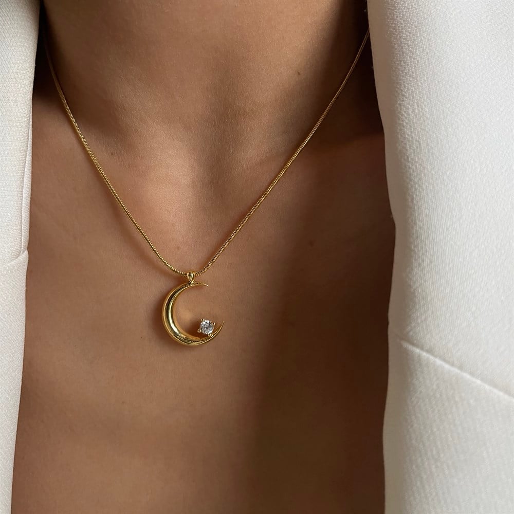 Tek Taşlı Ay Kolye