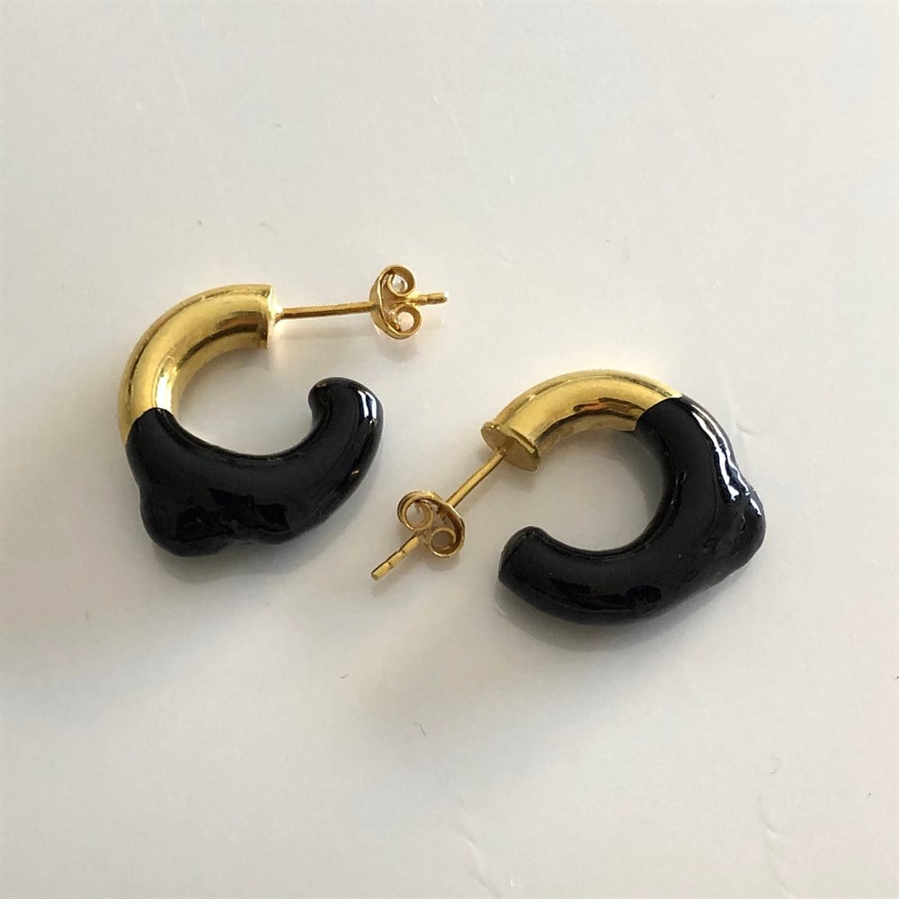 yarı siyah mineli gold halka küpe 925