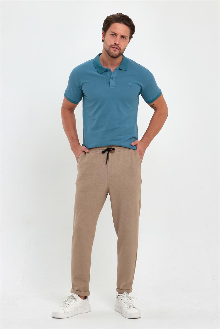 MAXIMILLIANErkek Bej Yandan Cepli Beli Lastikli Bağcıklı Duble Paça Relaxed Fit Rahat Kesim Jogger Pantolon