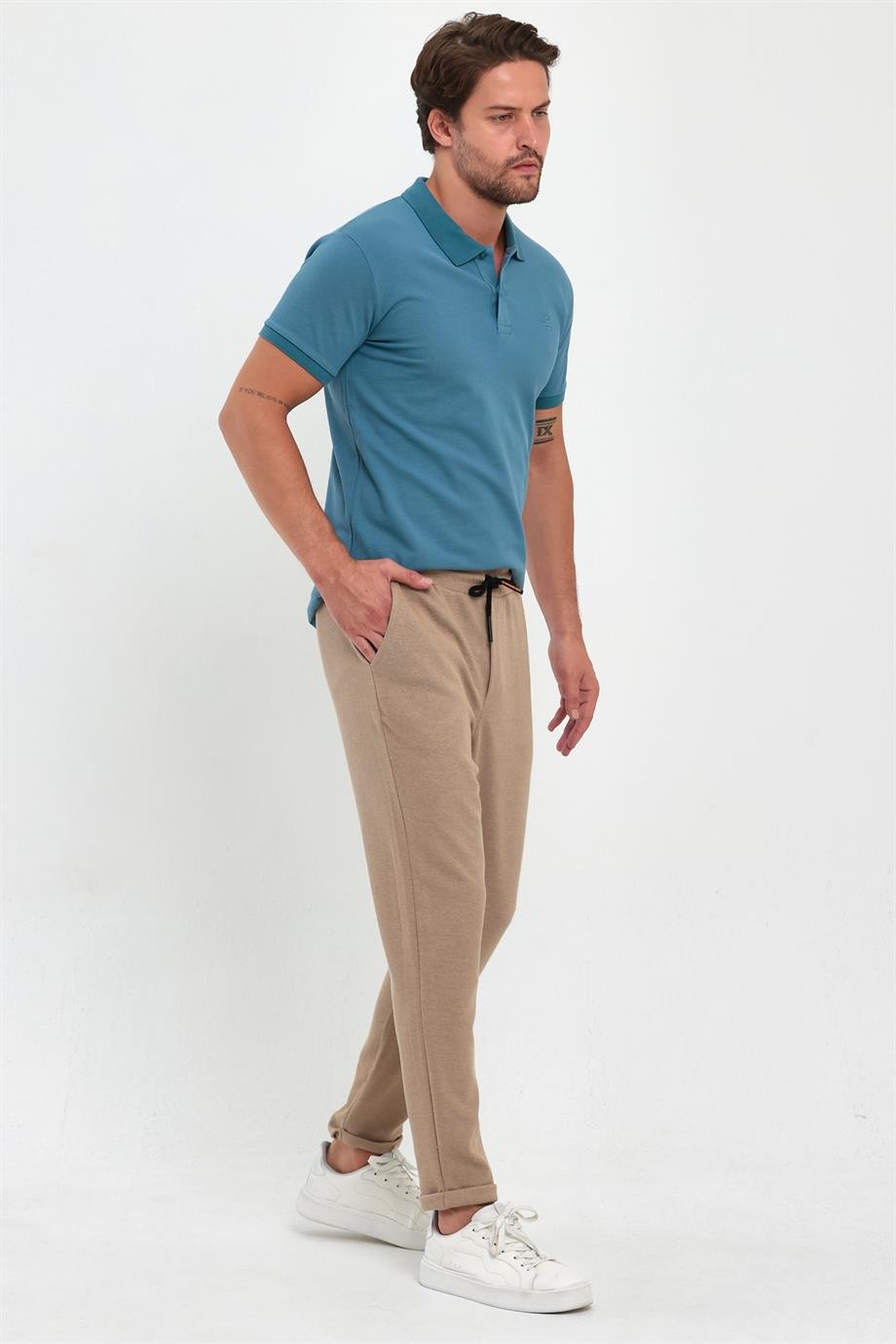 MAXIMILLIANErkek Bej Yandan Cepli Beli Lastikli Bağcıklı Duble Paça Relaxed Fit Rahat Kesim Jogger Pantolon
