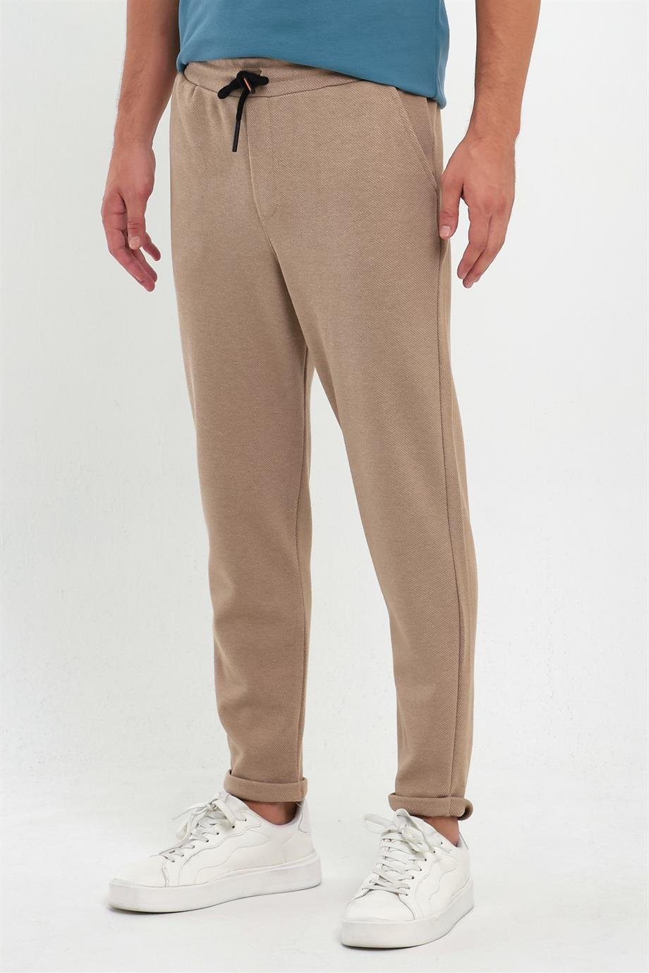 MAXIMILLIANErkek Bej Yandan Cepli Beli Lastikli Bağcıklı Duble Paça Relaxed Fit Rahat Kesim Jogger Pantolon