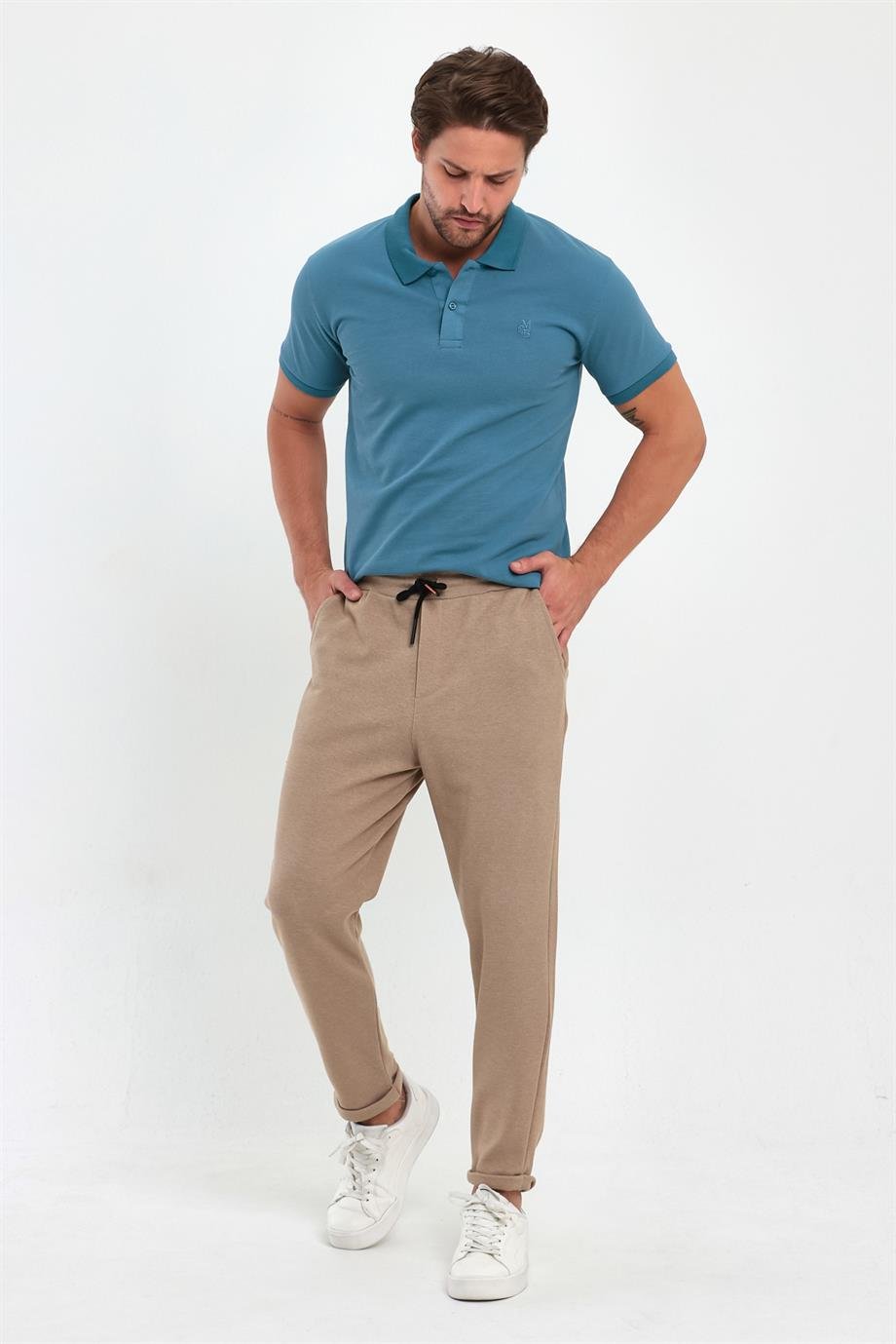 MAXIMILLIANErkek Bej Yandan Cepli Beli Lastikli Bağcıklı Duble Paça Relaxed Fit Rahat Kesim Jogger Pantolon