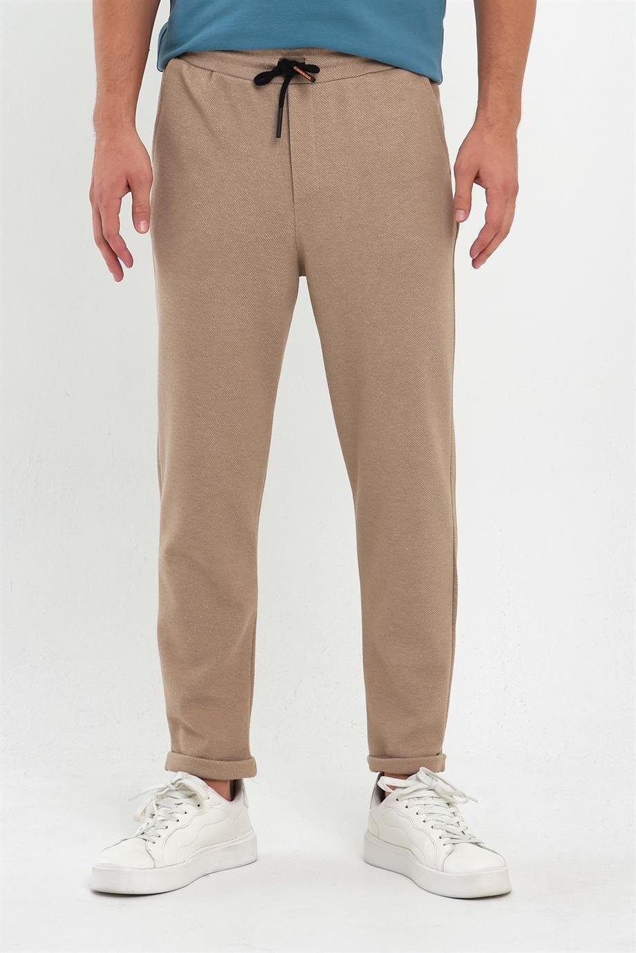 MAXIMILLIANErkek Bej Yandan Cepli Beli Lastikli Bağcıklı Duble Paça Relaxed Fit Rahat Kesim Jogger Pantolon