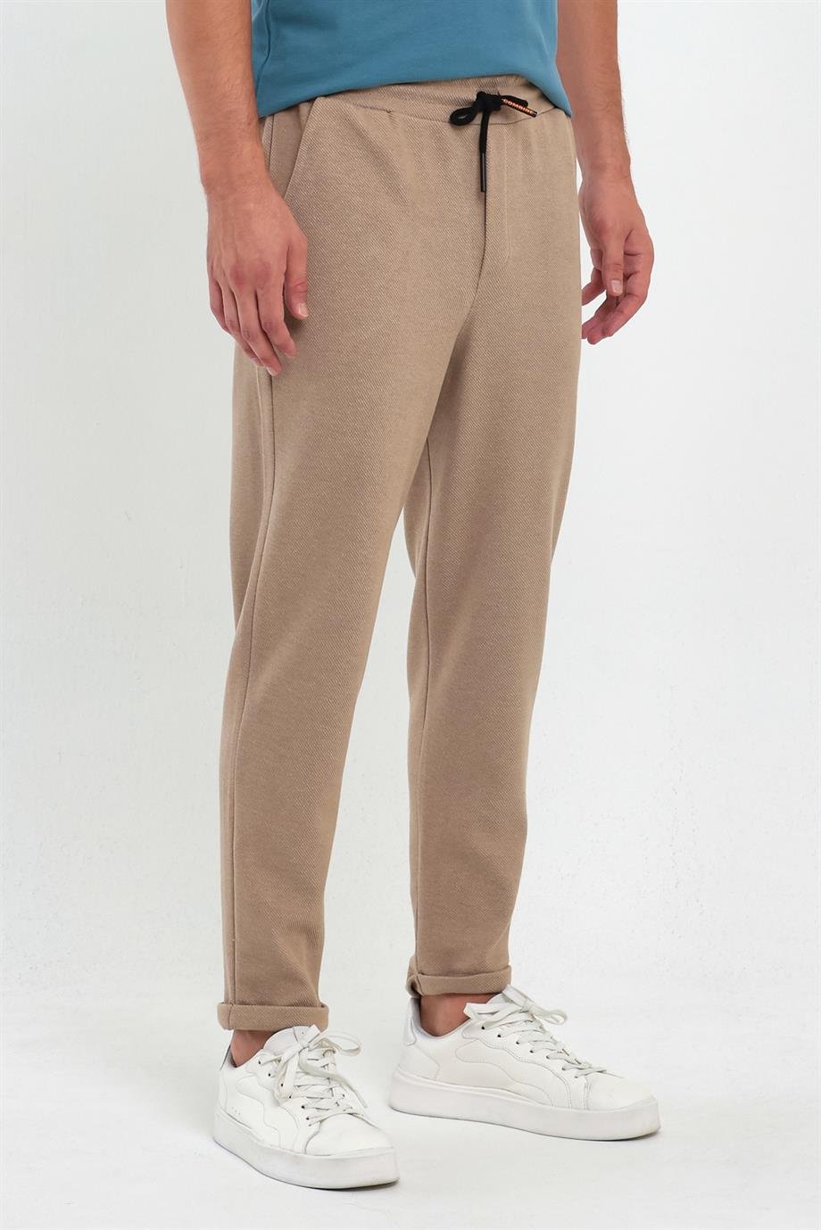 MAXIMILLIANErkek Bej Yandan Cepli Beli Lastikli Bağcıklı Duble Paça Relaxed Fit Rahat Kesim Jogger Pantolon