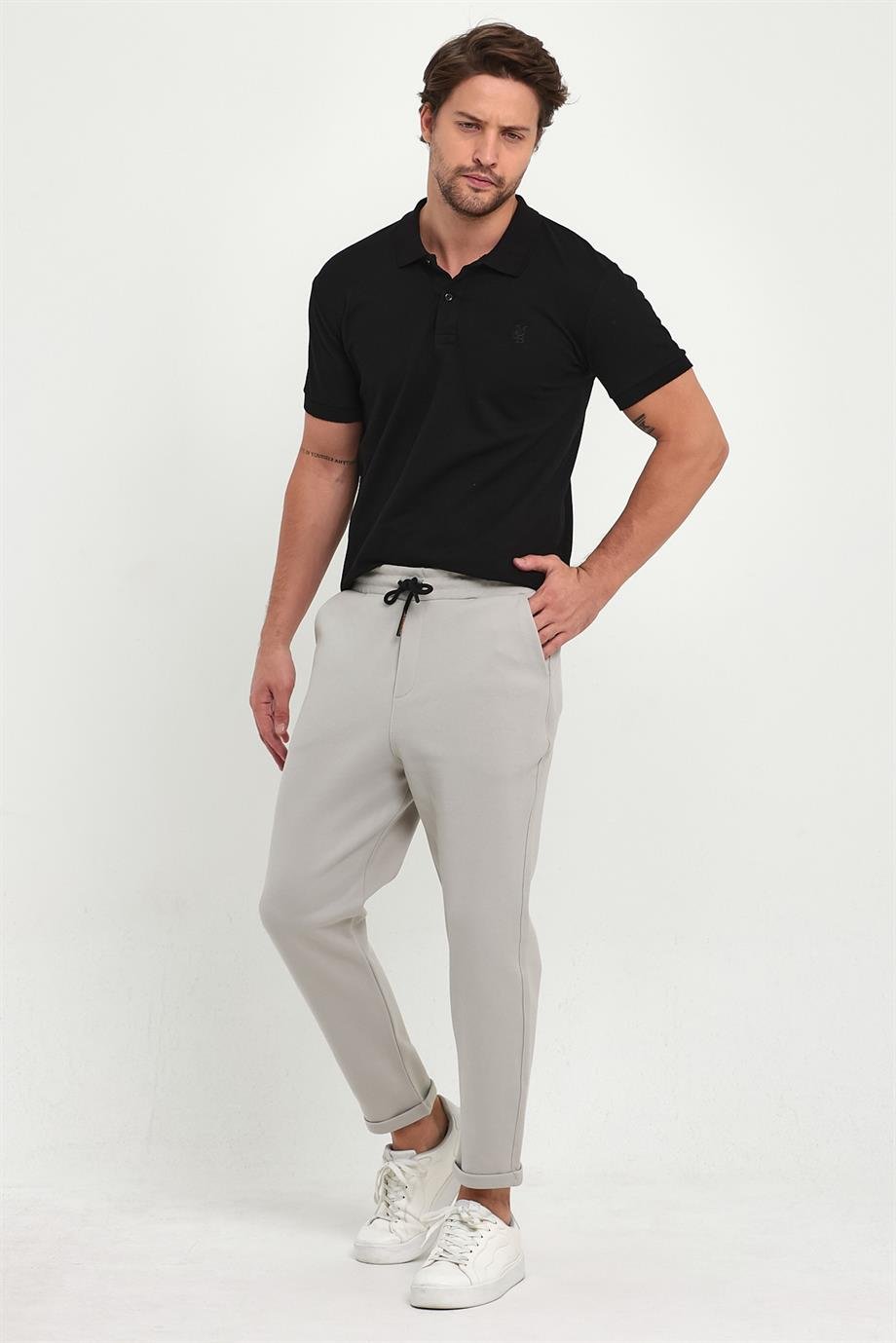 MAXIMILLIANErkek Gri Duble Paça Standart Kesim Beli Bağlamalı Yan Cepli Jogger Pantolon