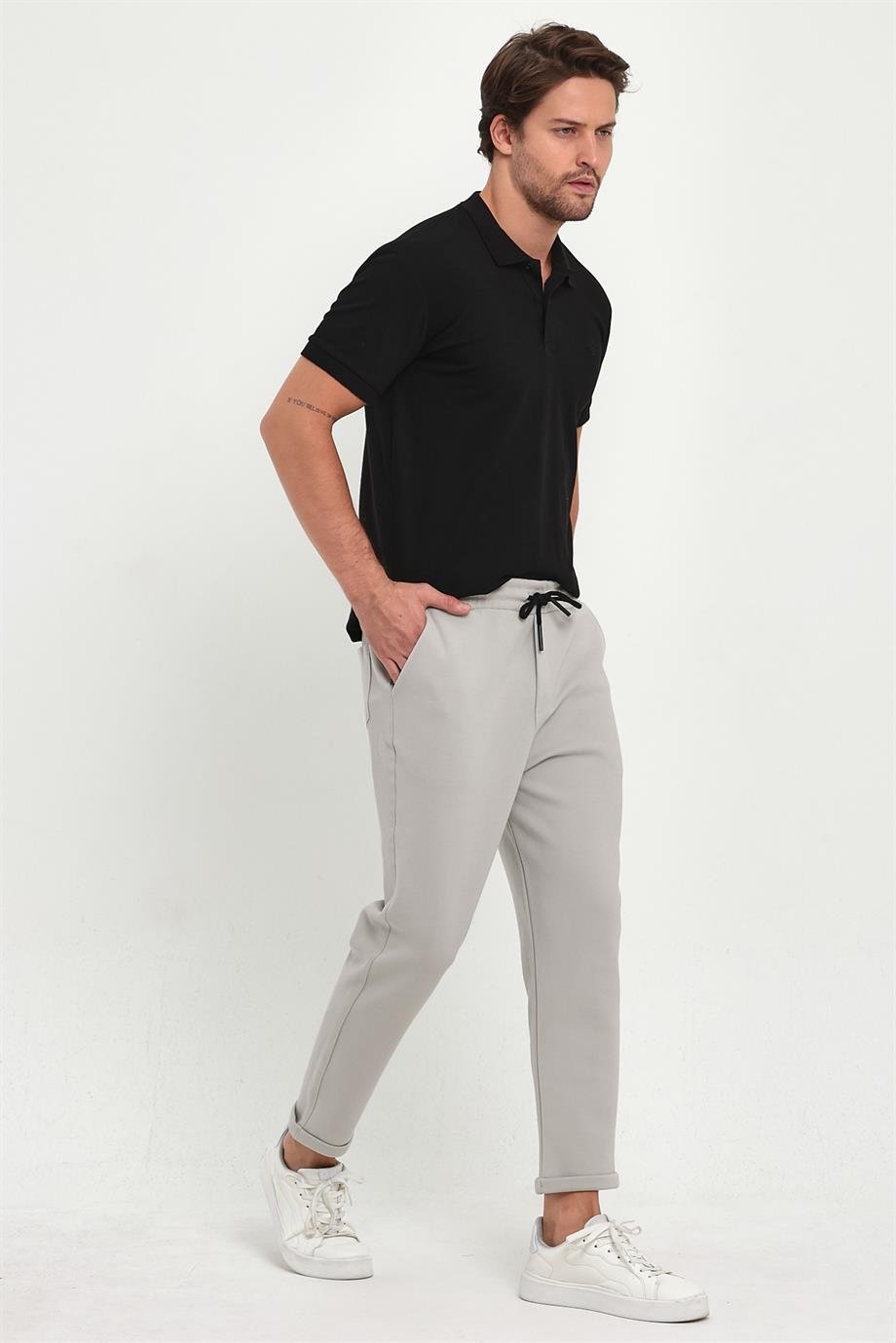 MAXIMILLIANErkek Gri Duble Paça Standart Kesim Beli Bağlamalı Yan Cepli Jogger Pantolon
