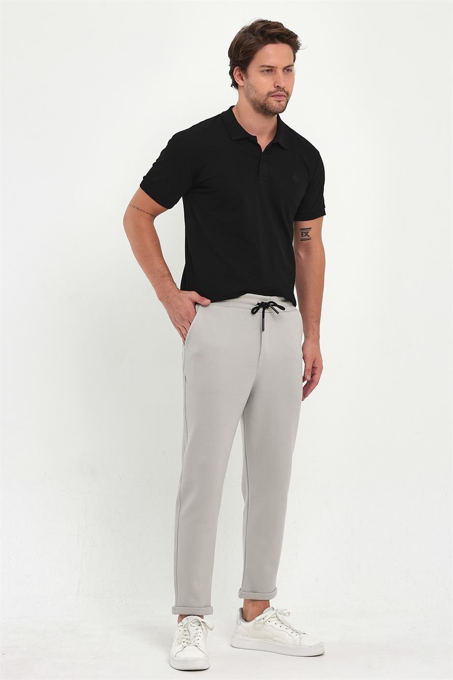 MAXIMILLIANErkek Gri Duble Paça Standart Kesim Beli Bağlamalı Yan Cepli Jogger Pantolon