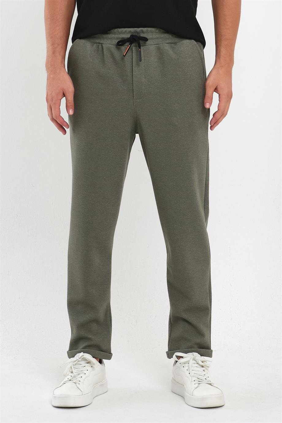 MAXIMILLIANErkek Haki Yandan Cepli Beli Lastikli Bağcıklı Duble Paça Relaxed Fit Rahat Kesim Jogger Pantolon