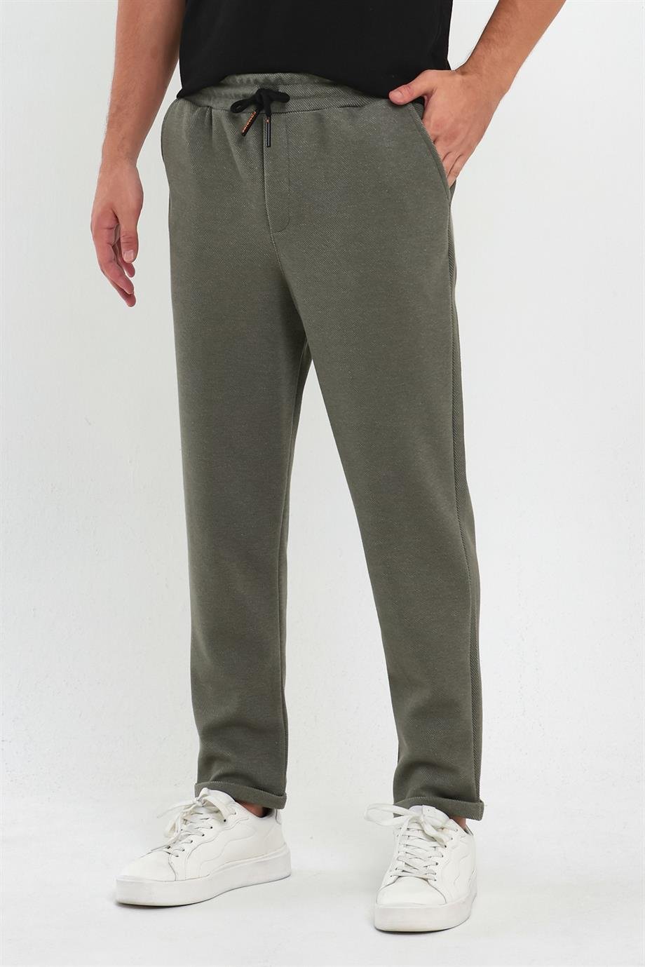 MAXIMILLIANErkek Haki Yandan Cepli Beli Lastikli Bağcıklı Duble Paça Relaxed Fit Rahat Kesim Jogger Pantolon