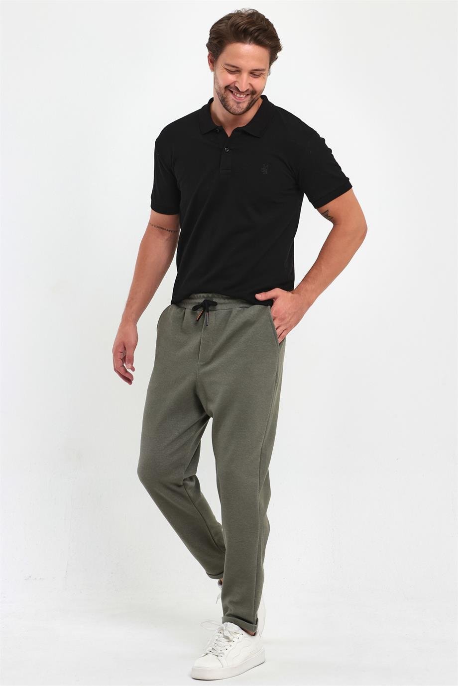 MAXIMILLIANErkek Haki Yandan Cepli Beli Lastikli Bağcıklı Duble Paça Relaxed Fit Rahat Kesim Jogger Pantolon