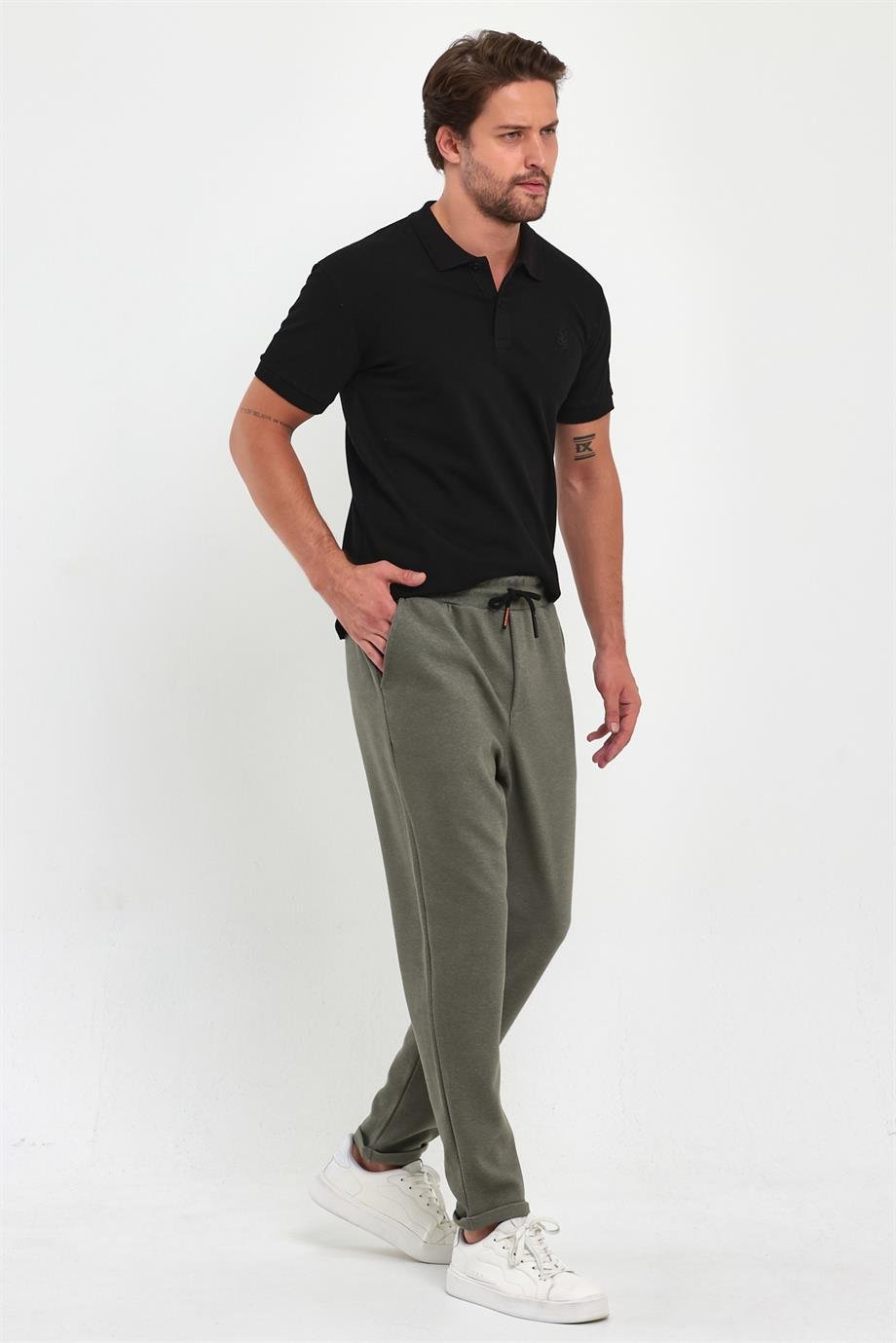 MAXIMILLIANErkek Haki Yandan Cepli Beli Lastikli Bağcıklı Duble Paça Relaxed Fit Rahat Kesim Jogger Pantolon