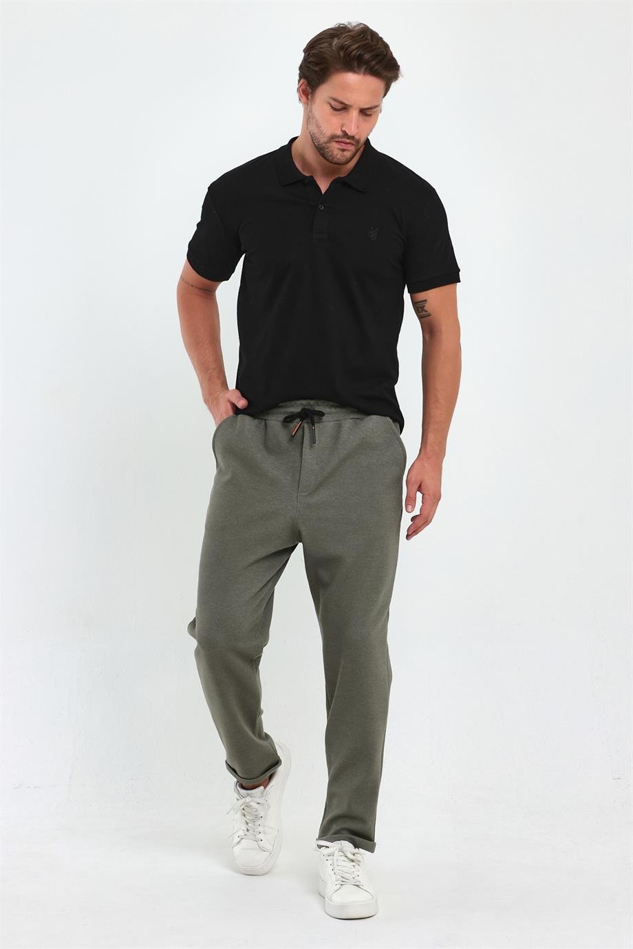 MAXIMILLIANErkek Haki Yandan Cepli Beli Lastikli Bağcıklı Duble Paça Relaxed Fit Rahat Kesim Jogger Pantolon