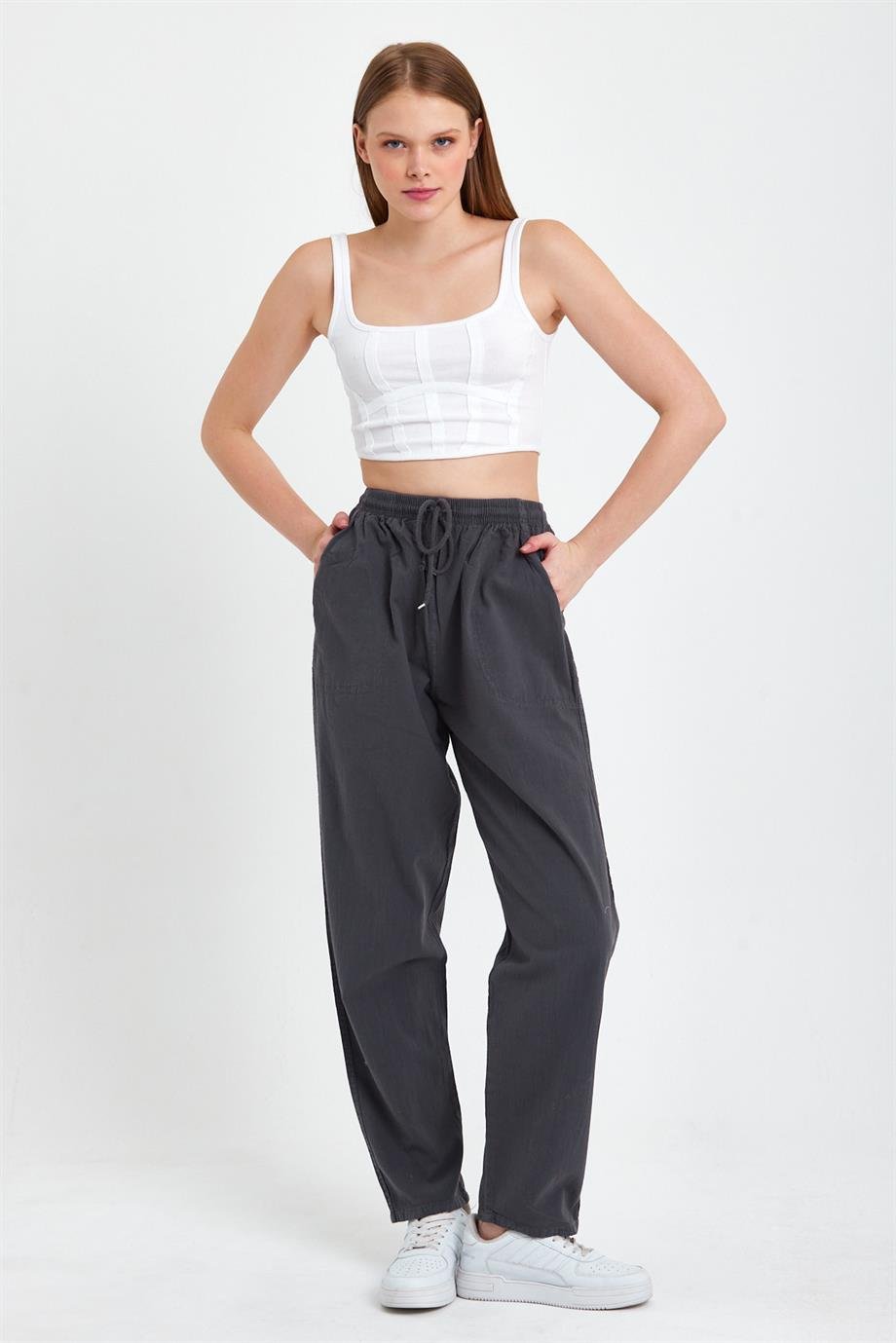 MAXIMILLIANFüme Yüksek Bel Beli Lastikli Keten Pantolon