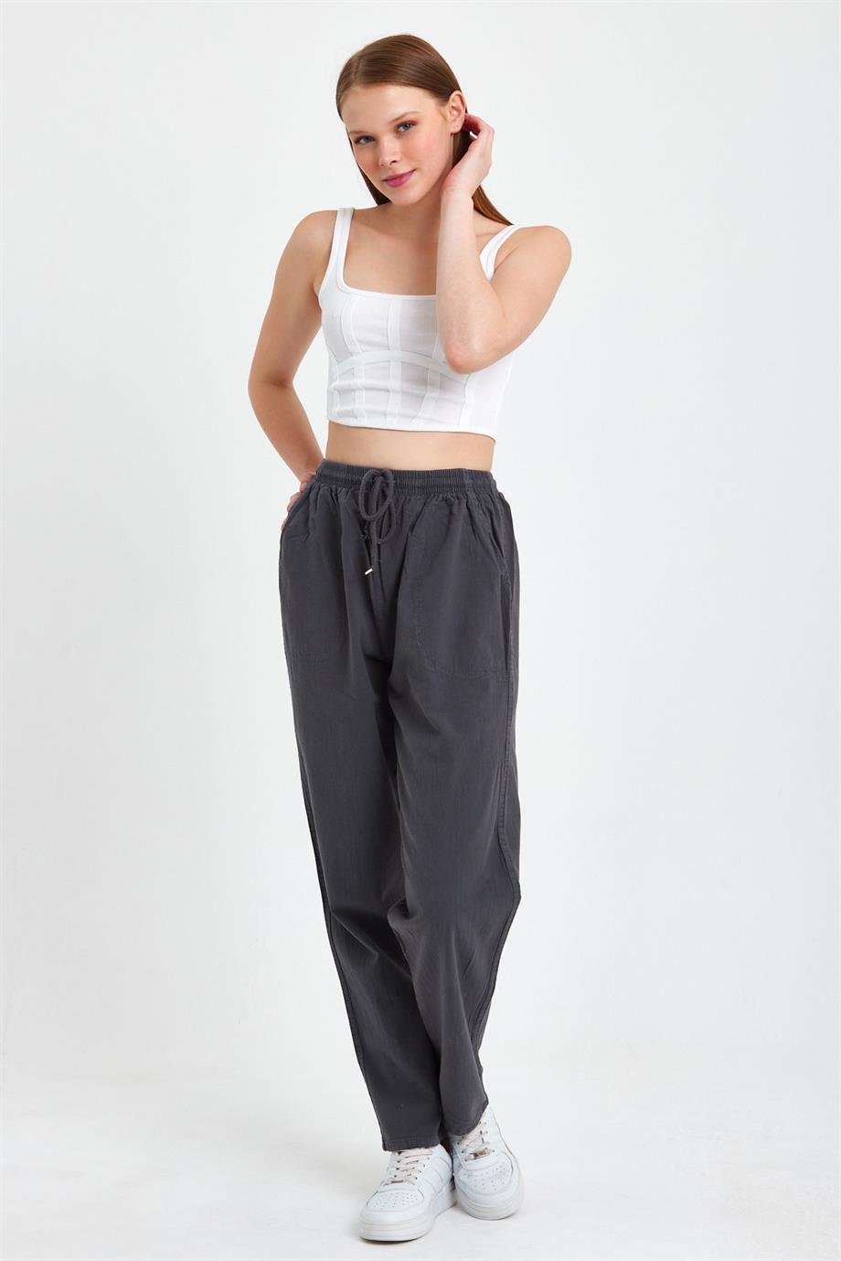 MAXIMILLIANFüme Yüksek Bel Beli Lastikli Keten Pantolon