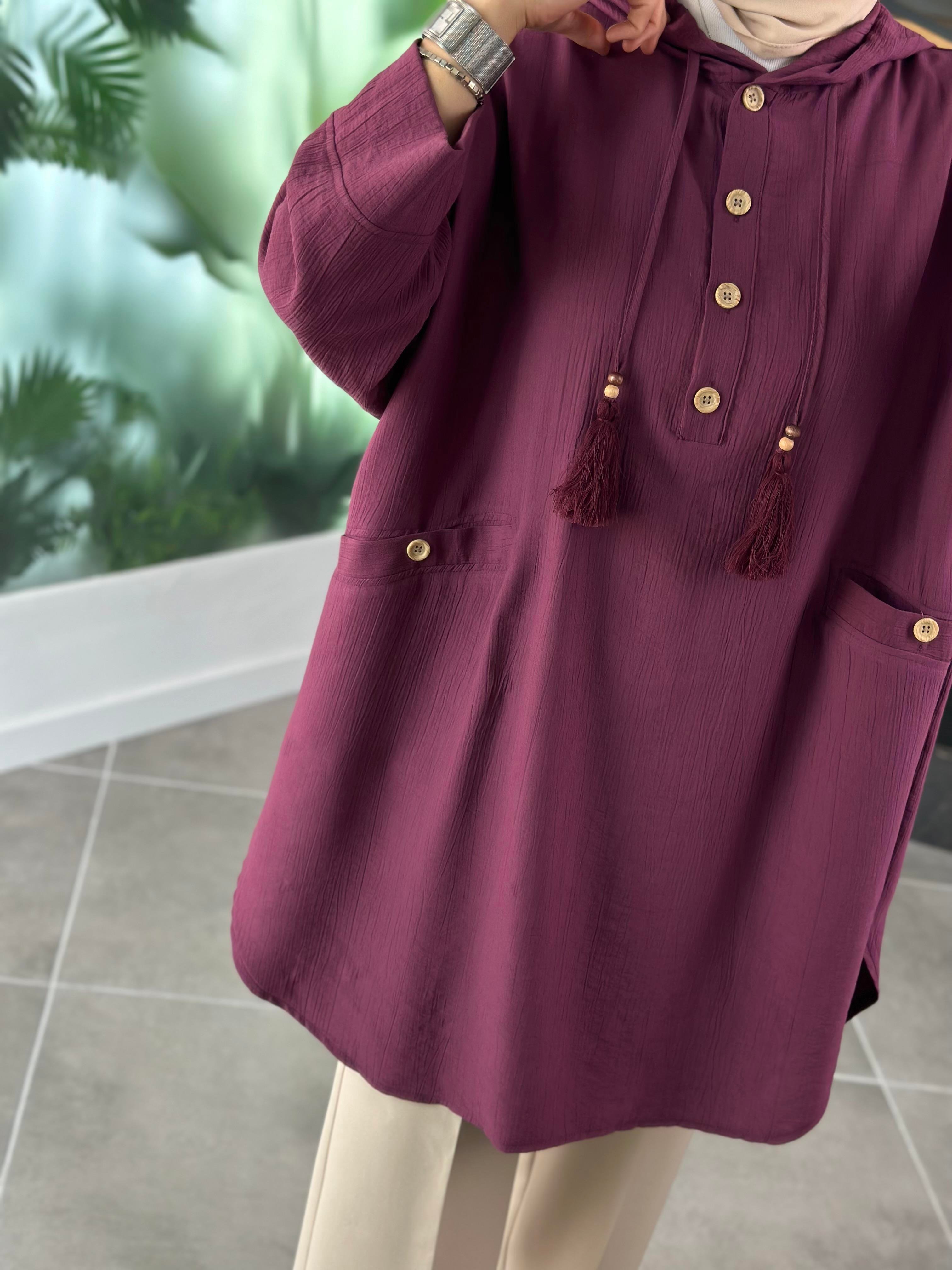 Ahşap Düğmeli Bordo Renk Kadın Bohem Tunik