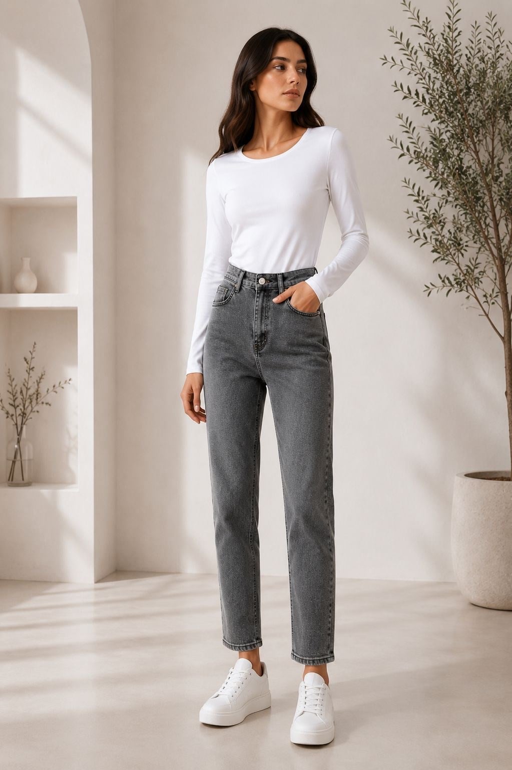 Antrasit Renk Dar Paça Beli Lastikli Denim Pantolon