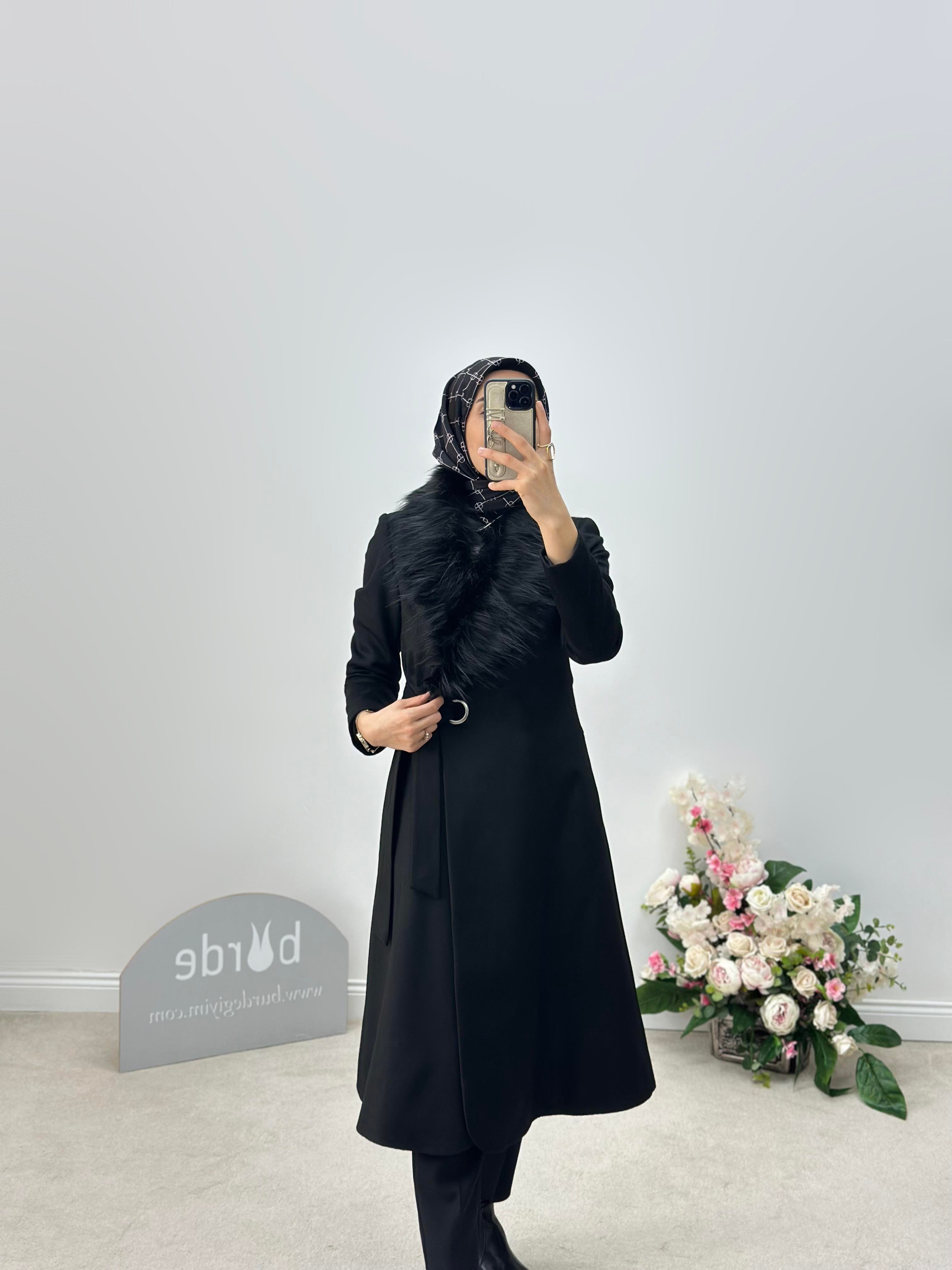 Armine Collection Kürklü Kaşe Kaban 24KH7530 Siyah 
