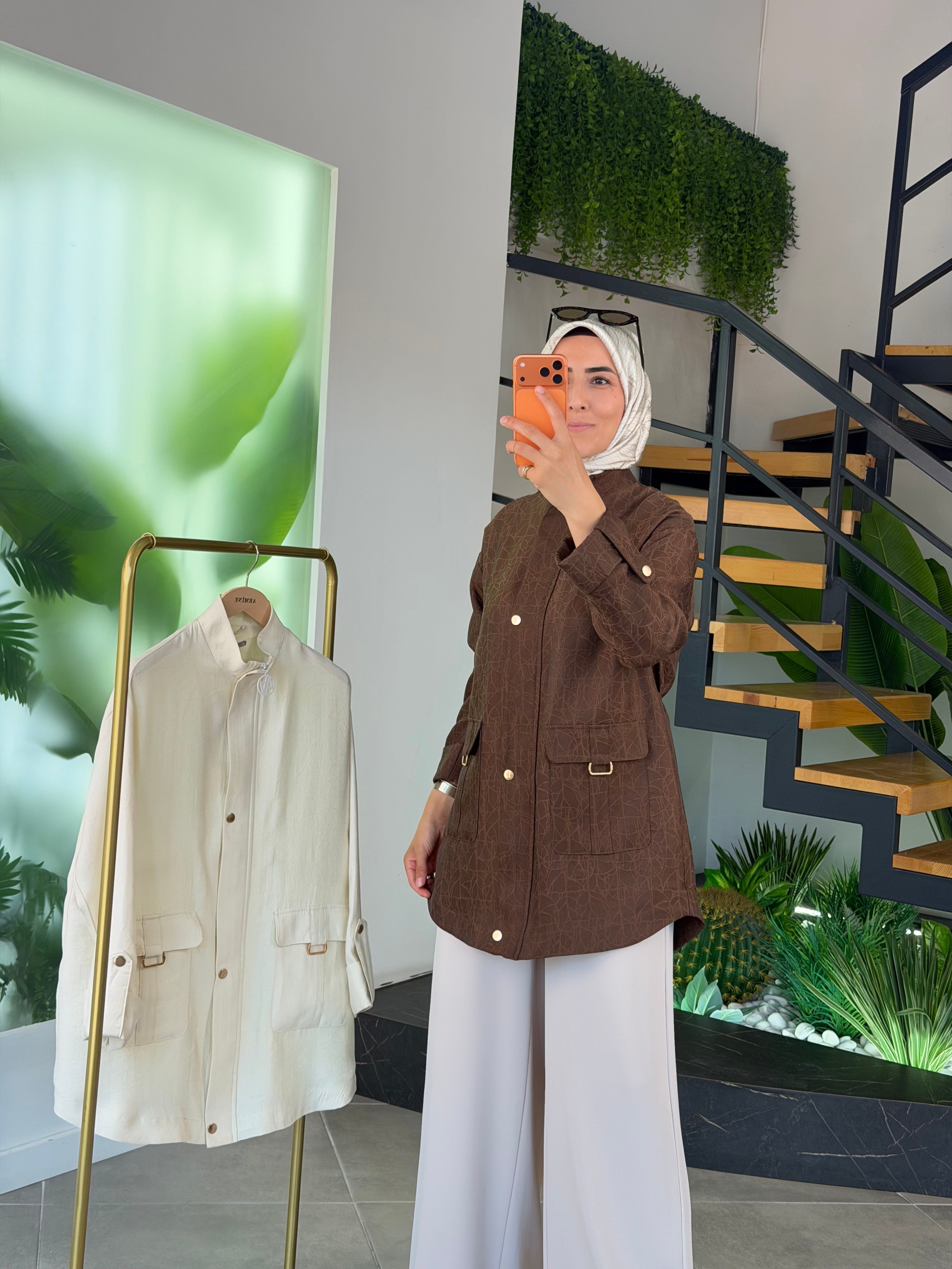 Armine Jakarlı Kumaş Ceket AGKP1214 Kahverengi