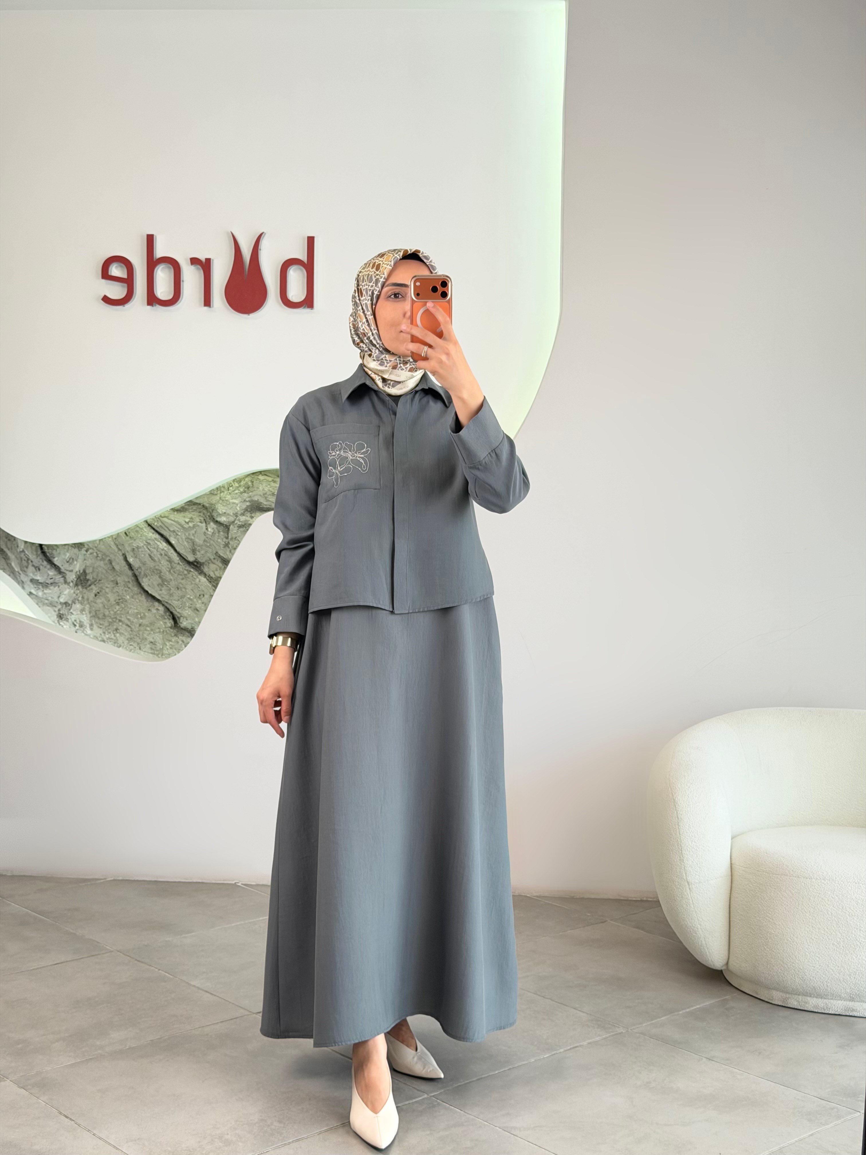 Armine Trend Cep Detayı İşlemeli Elbiseli Takım 26YT908 Gri