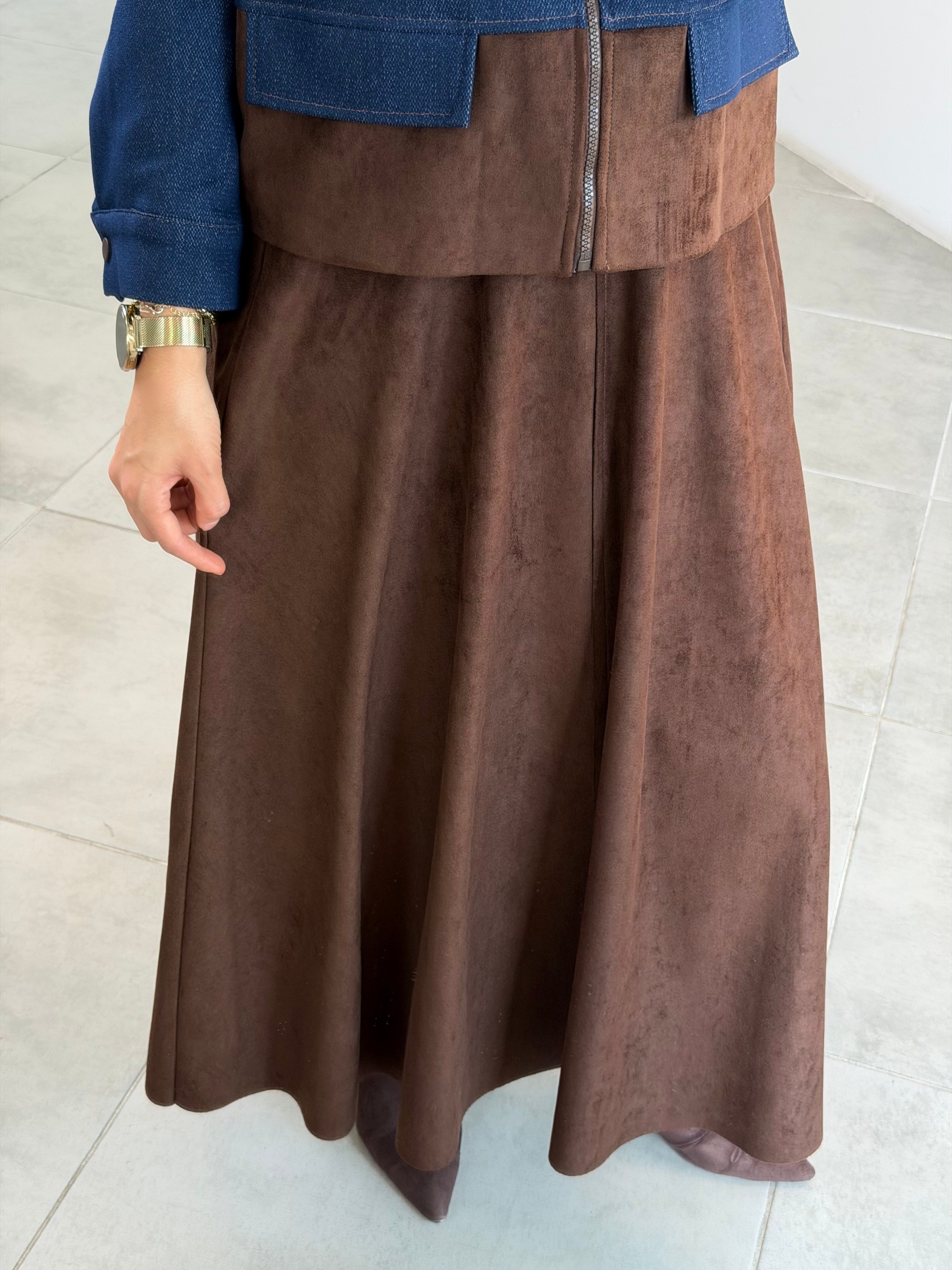 Armine Trend Denim Kumaş Garnili Süet Etekli Takım 26KT607 Lacivert