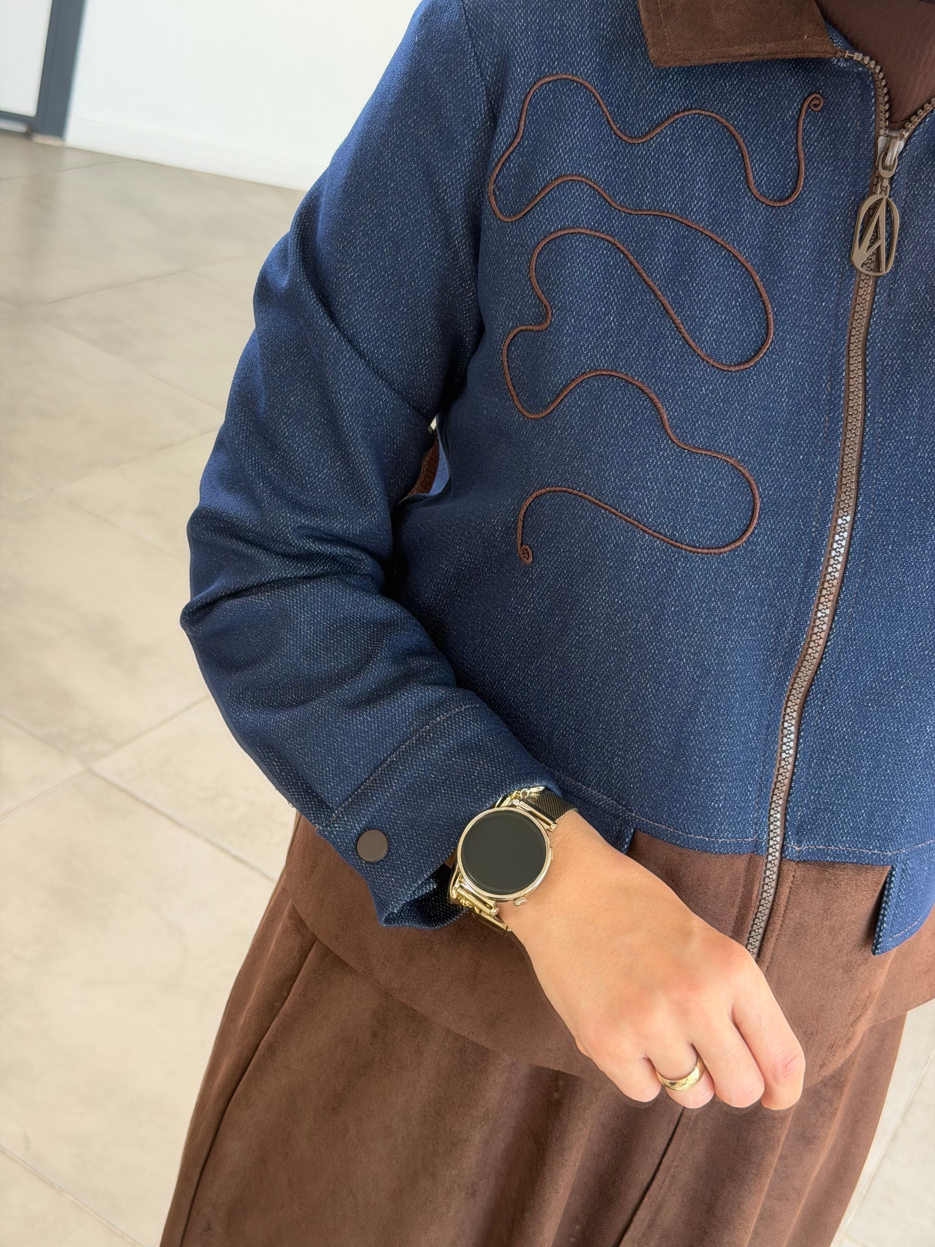 Armine Trend Denim Kumaş Garnili Süet Etekli Takım 26KT607 Lacivert