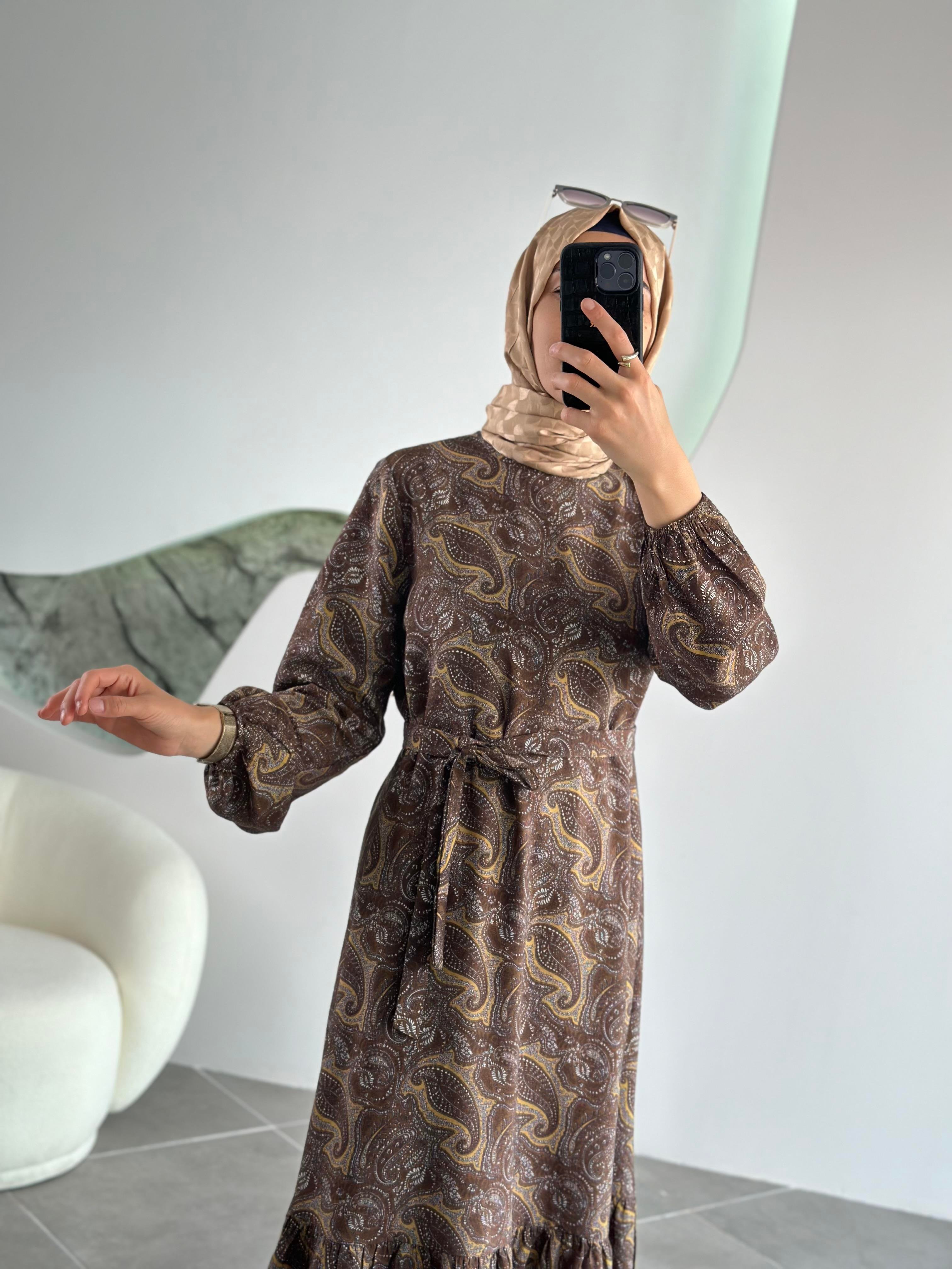 Armine Trend Etnik Desenli Elbise 25YT935 Kahverengi  