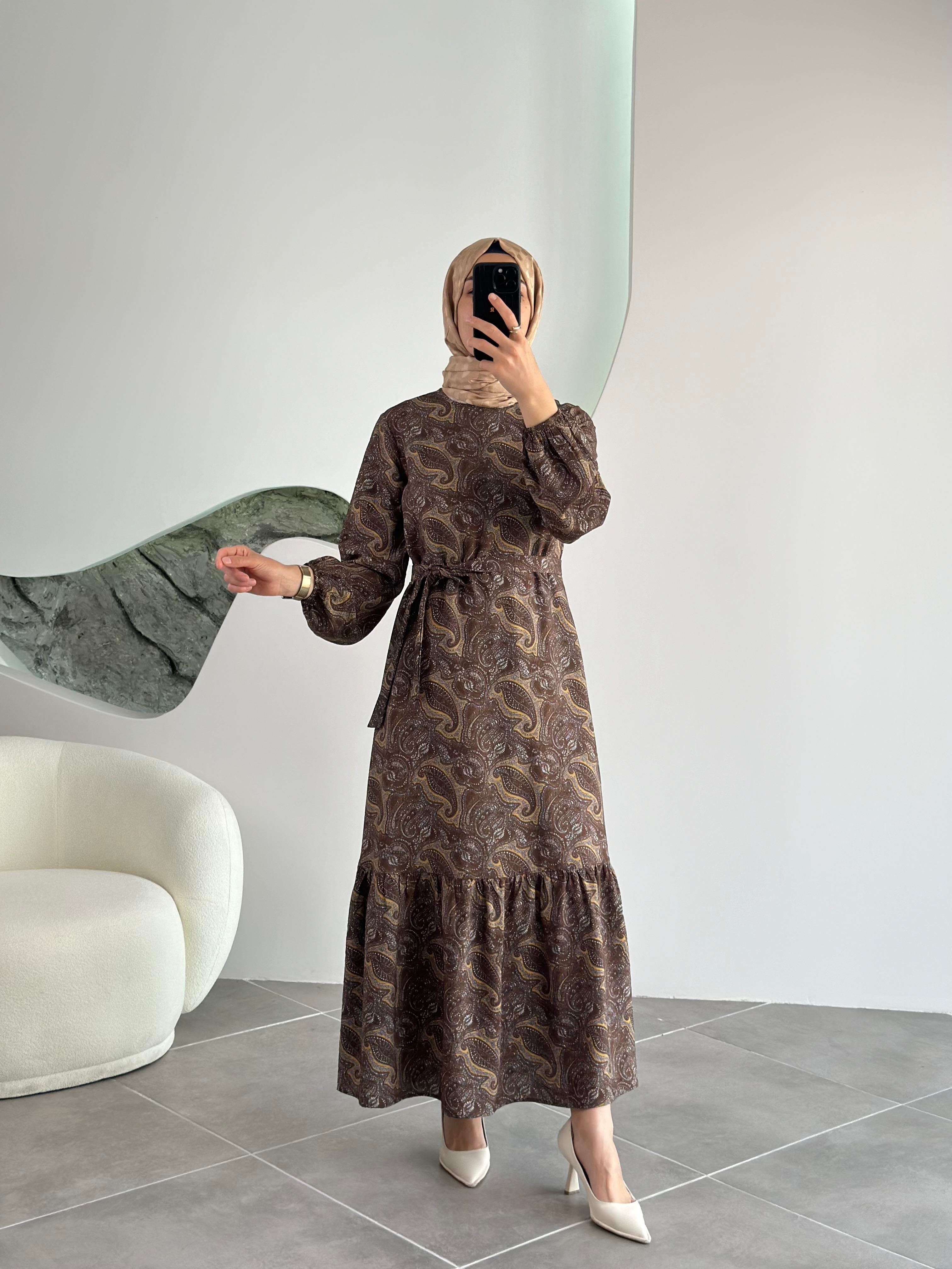 Armine Trend Etnik Desenli Elbise 25YT935 Kahverengi  