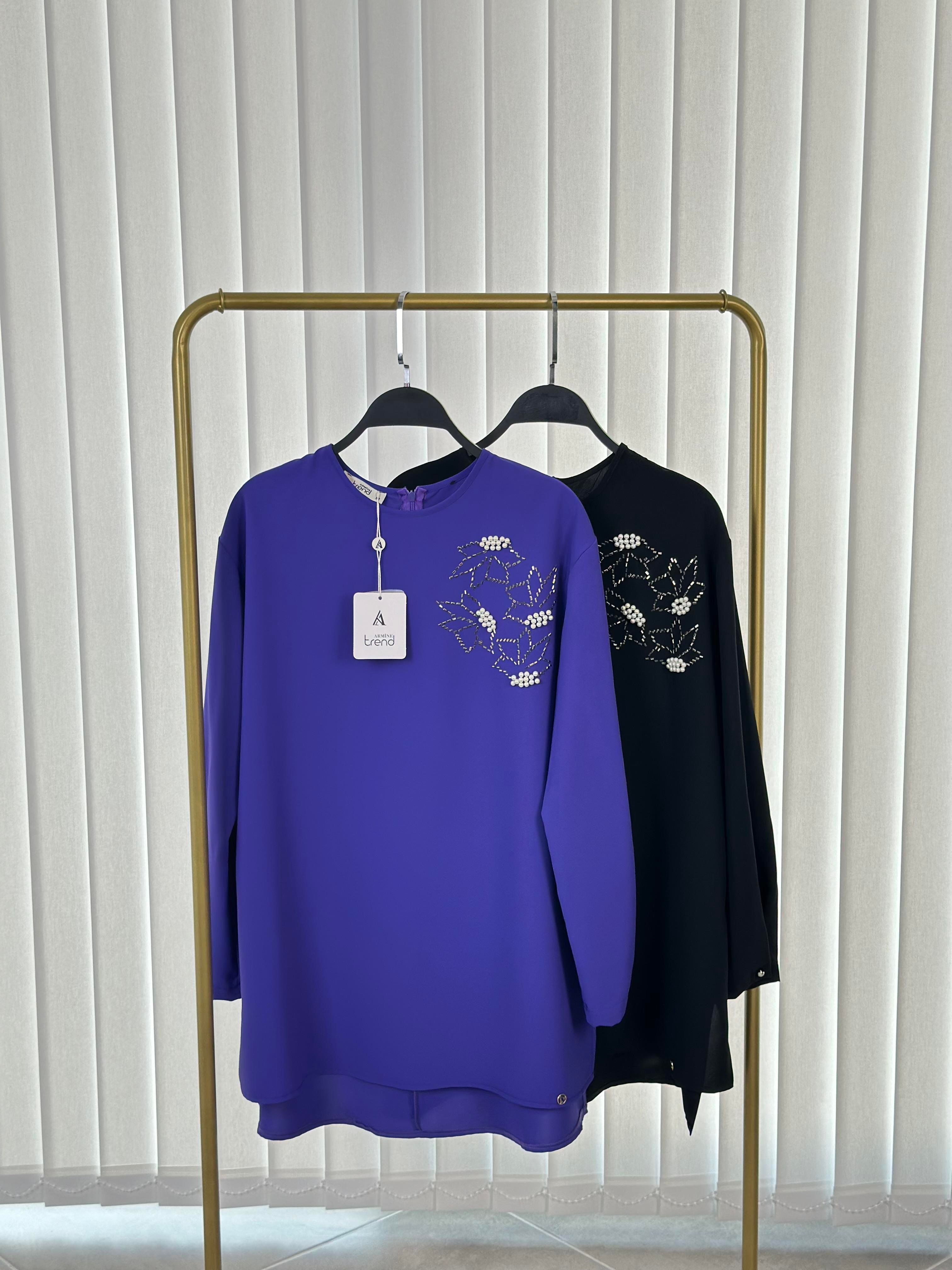 Armine Trend İnci Ve Taş Detaylı Tunik 25YT443 Morcivert 