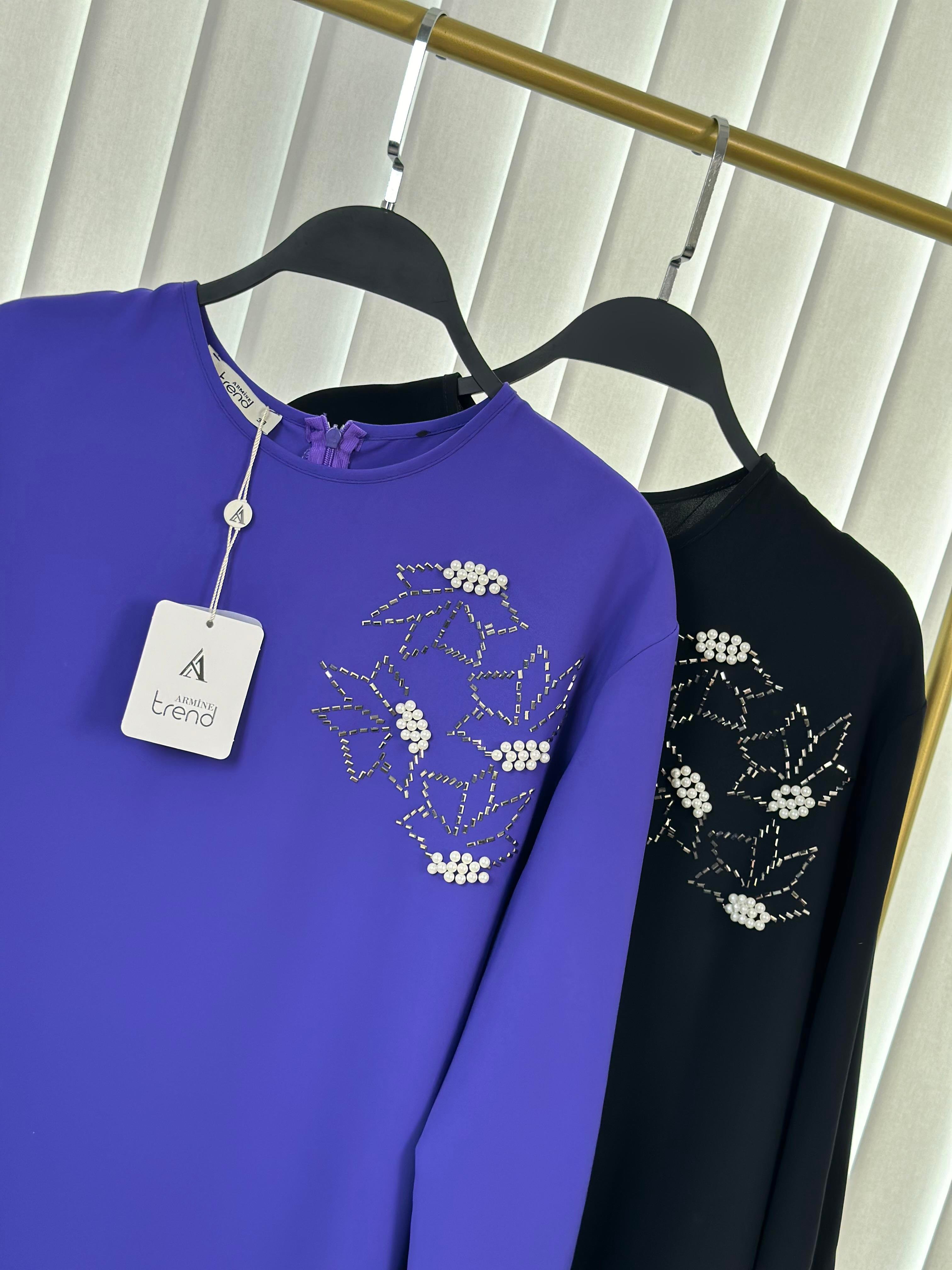 Armine Trend İnci Ve Taş Detaylı Tunik 25YT443 Morcivert 