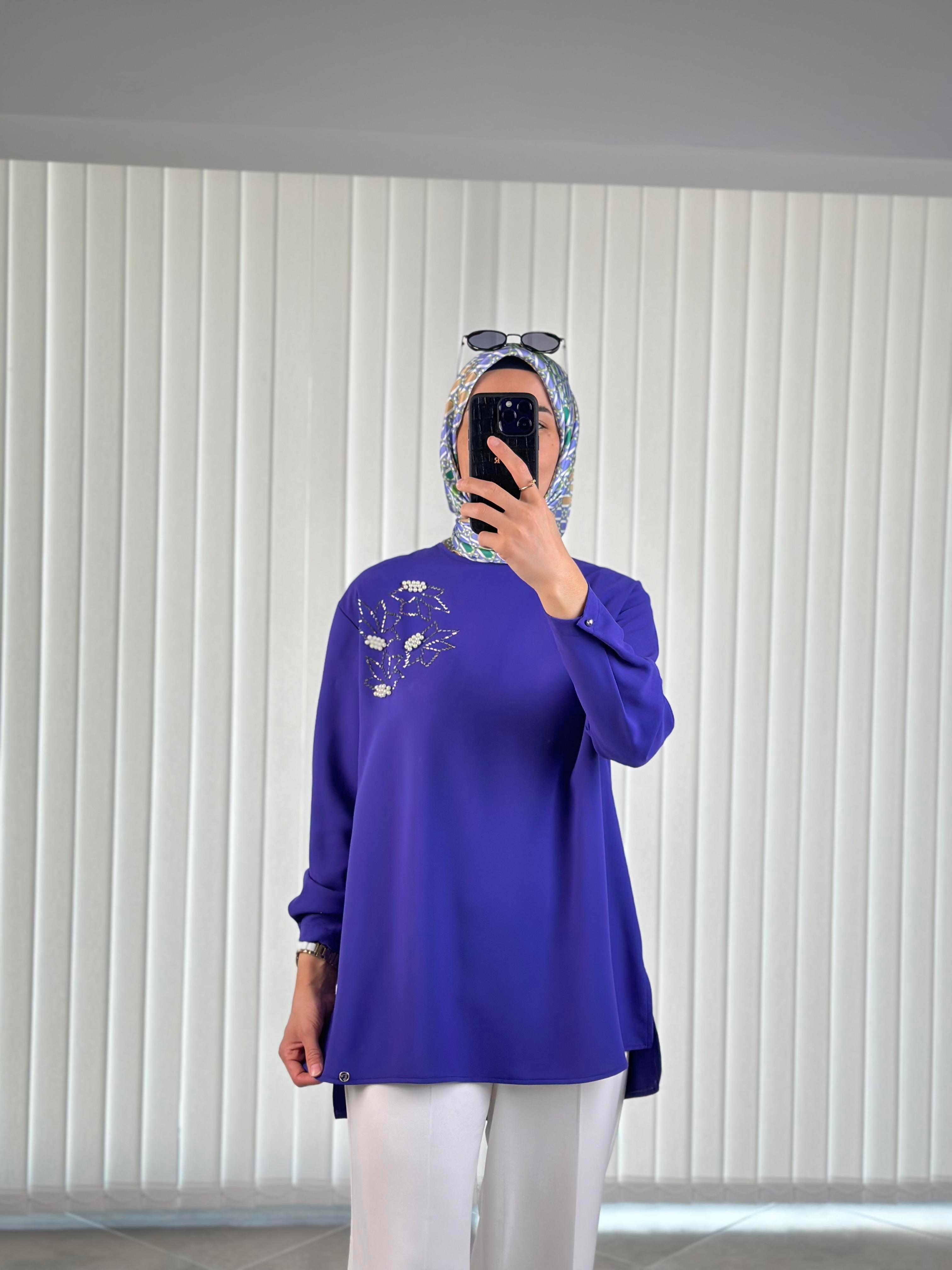 Armine Trend İnci Ve Taş Detaylı Tunik 25YT443 Morcivert 
