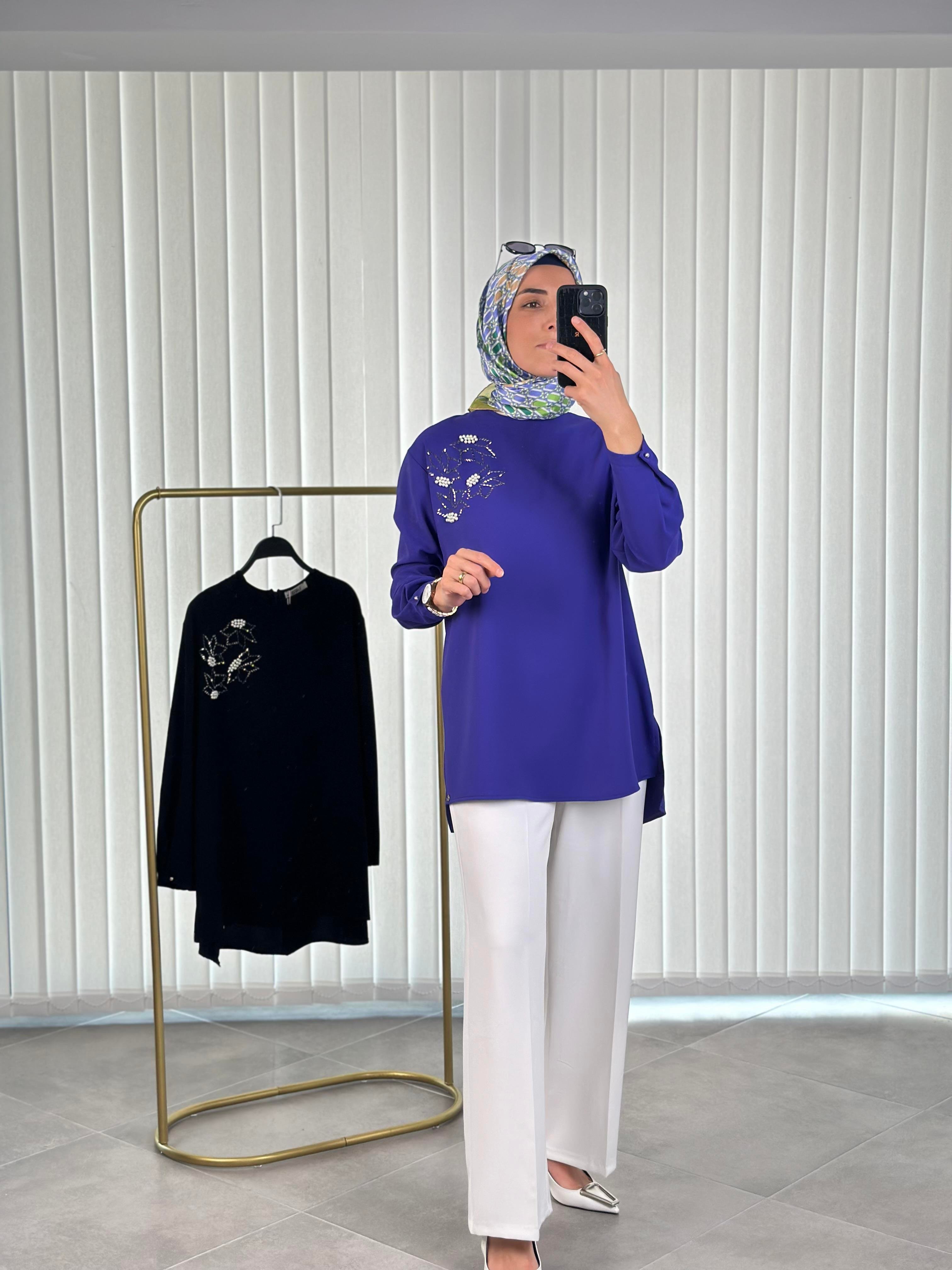 Armine Trend İnci Ve Taş Detaylı Tunik 25YT443 Morcivert 