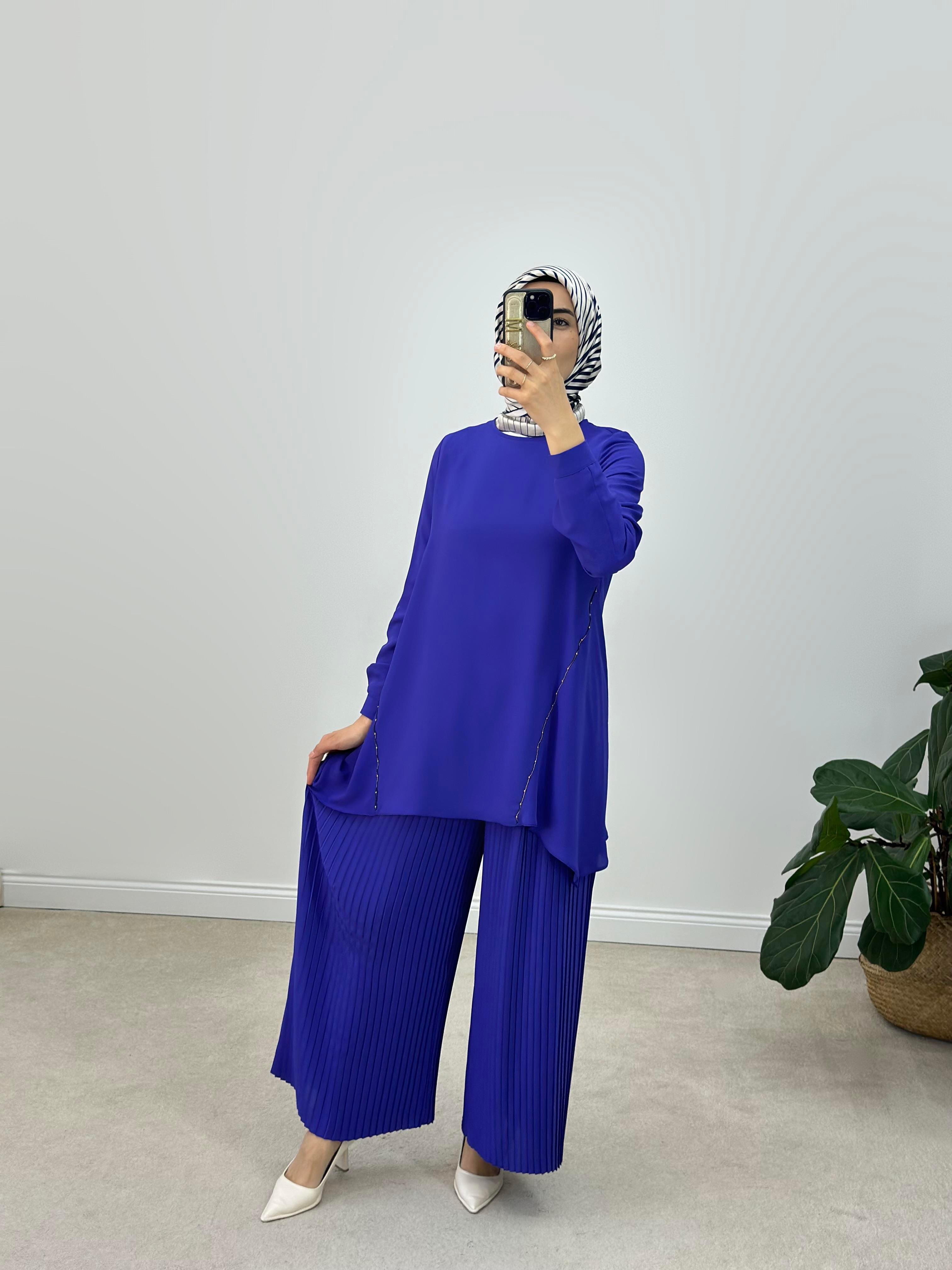 Armine Trend İpek Krep Kumaş Pantolonu Piliseli İkili Takım