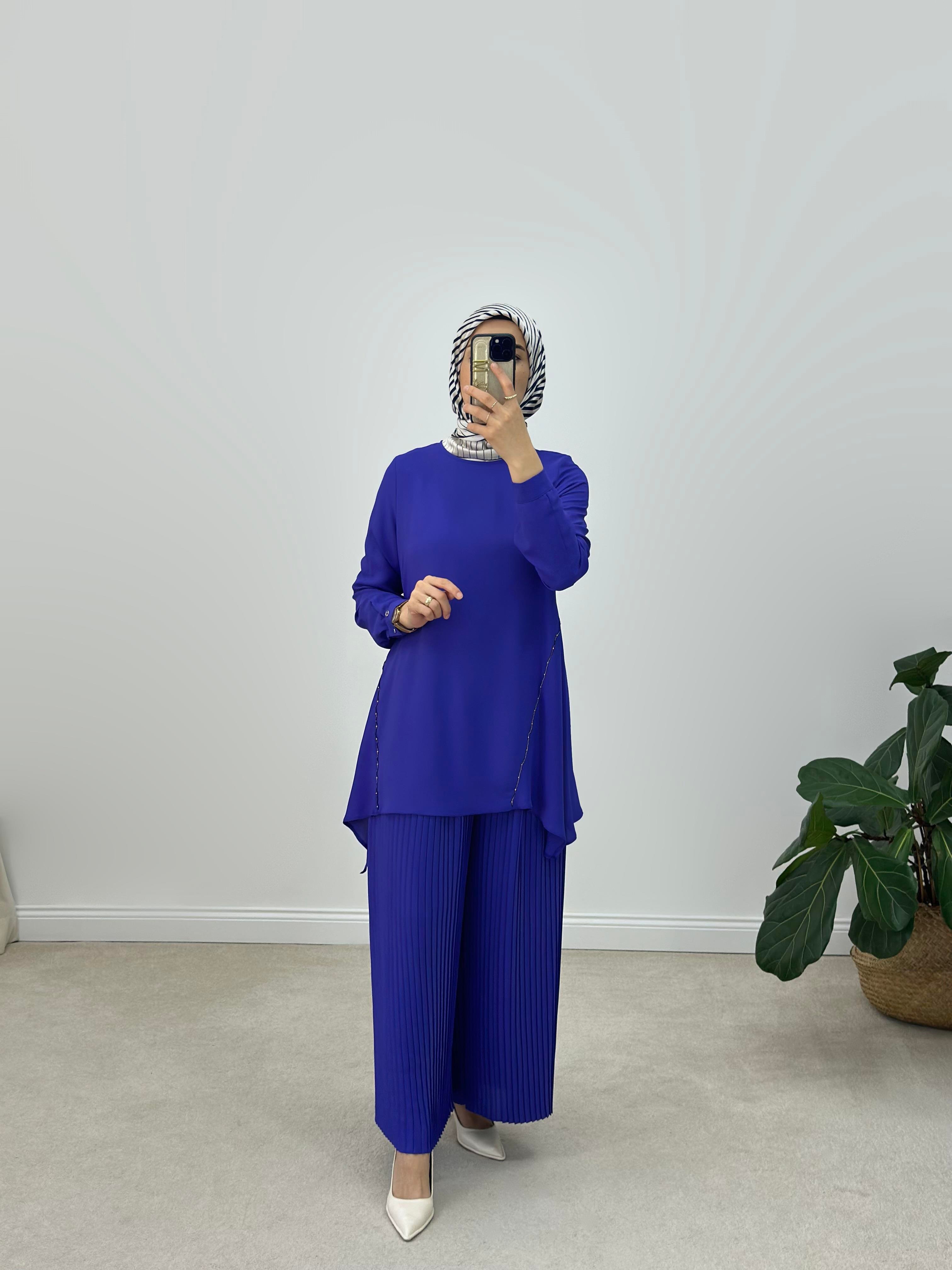 Armine Trend İpek Krep Kumaş Pantolonu Piliseli İkili Takım