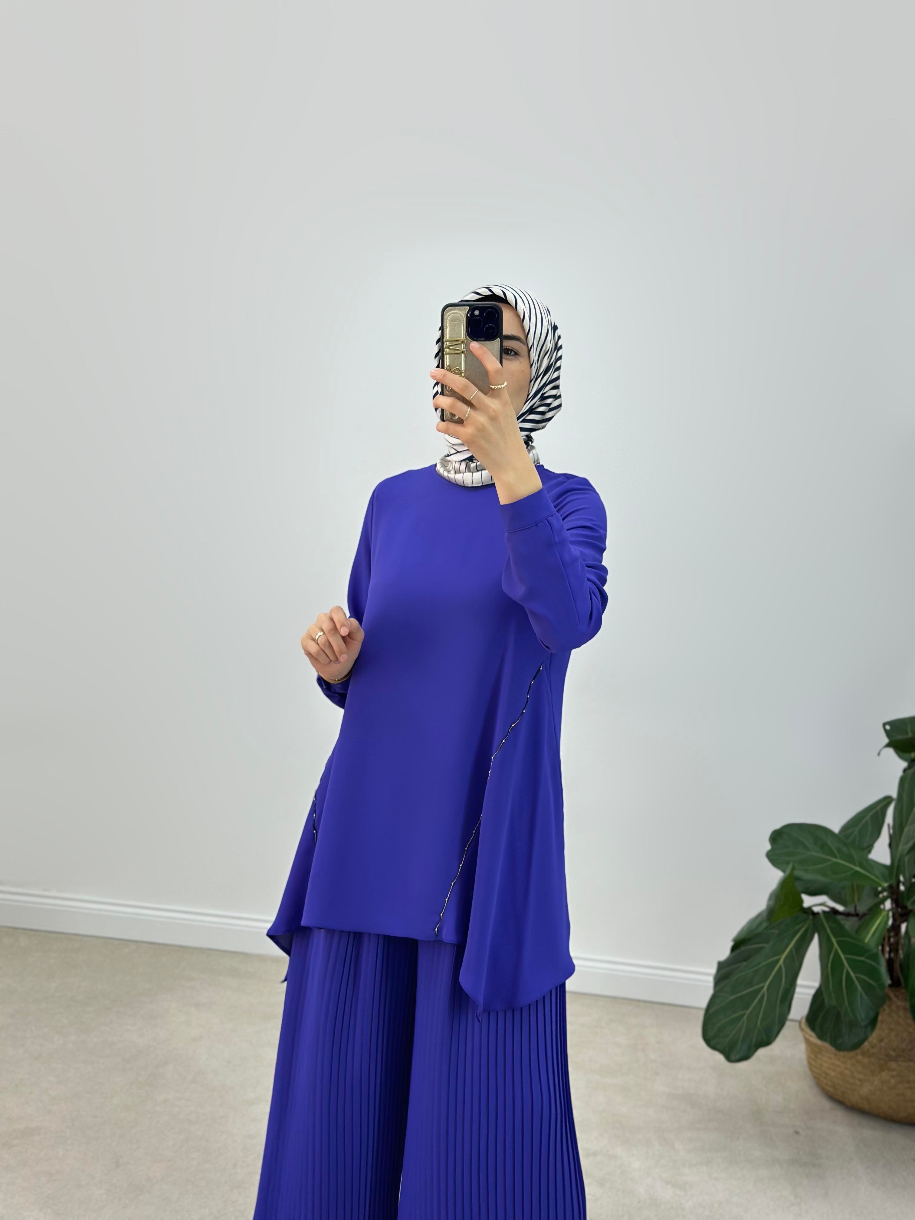 Armine Trend İpek Krep Kumaş Pantolonu Piliseli İkili Takım