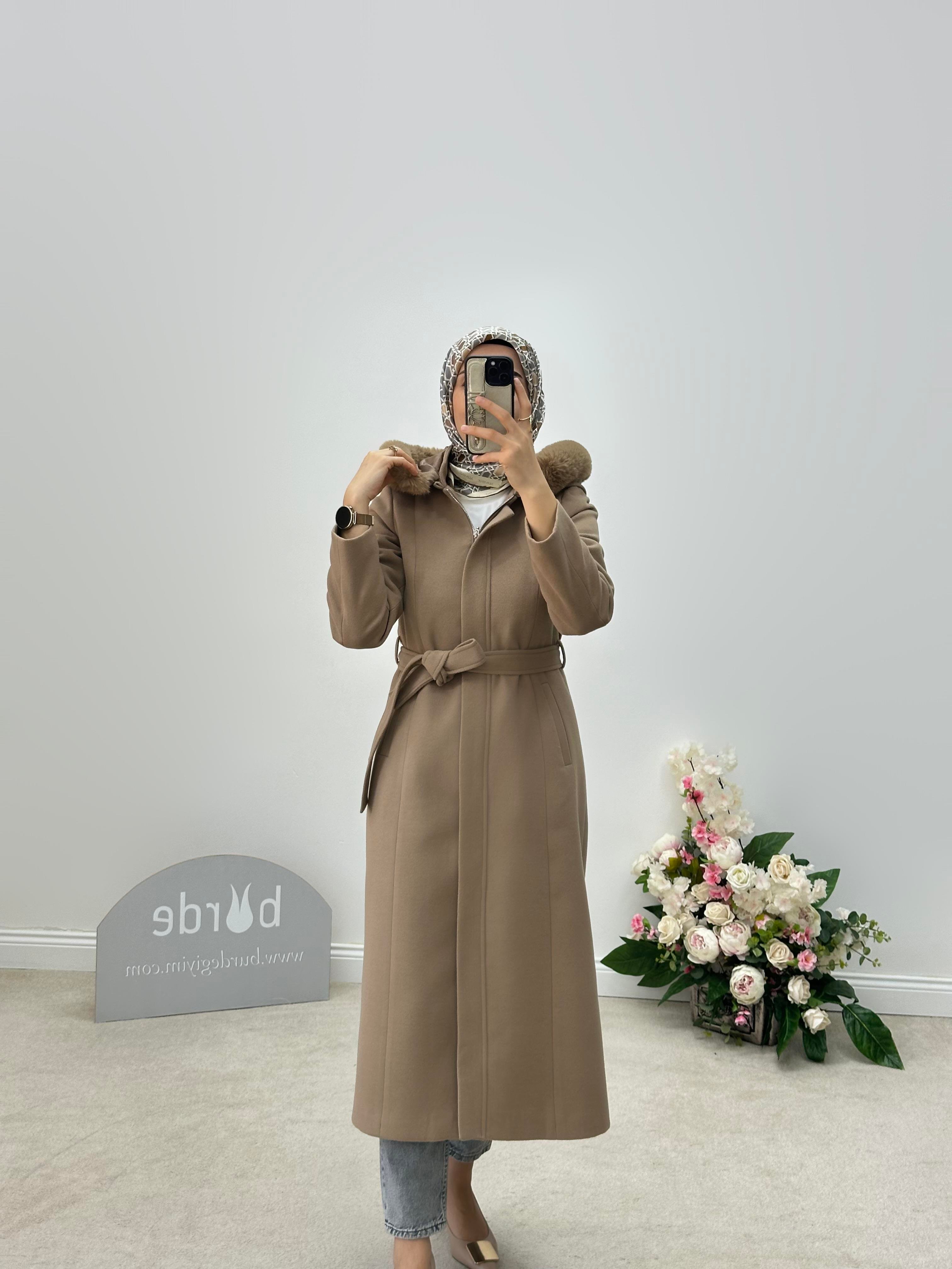 Armine Trend Kapüşonlu Kaşe Kaban 24KT742 Vizon 