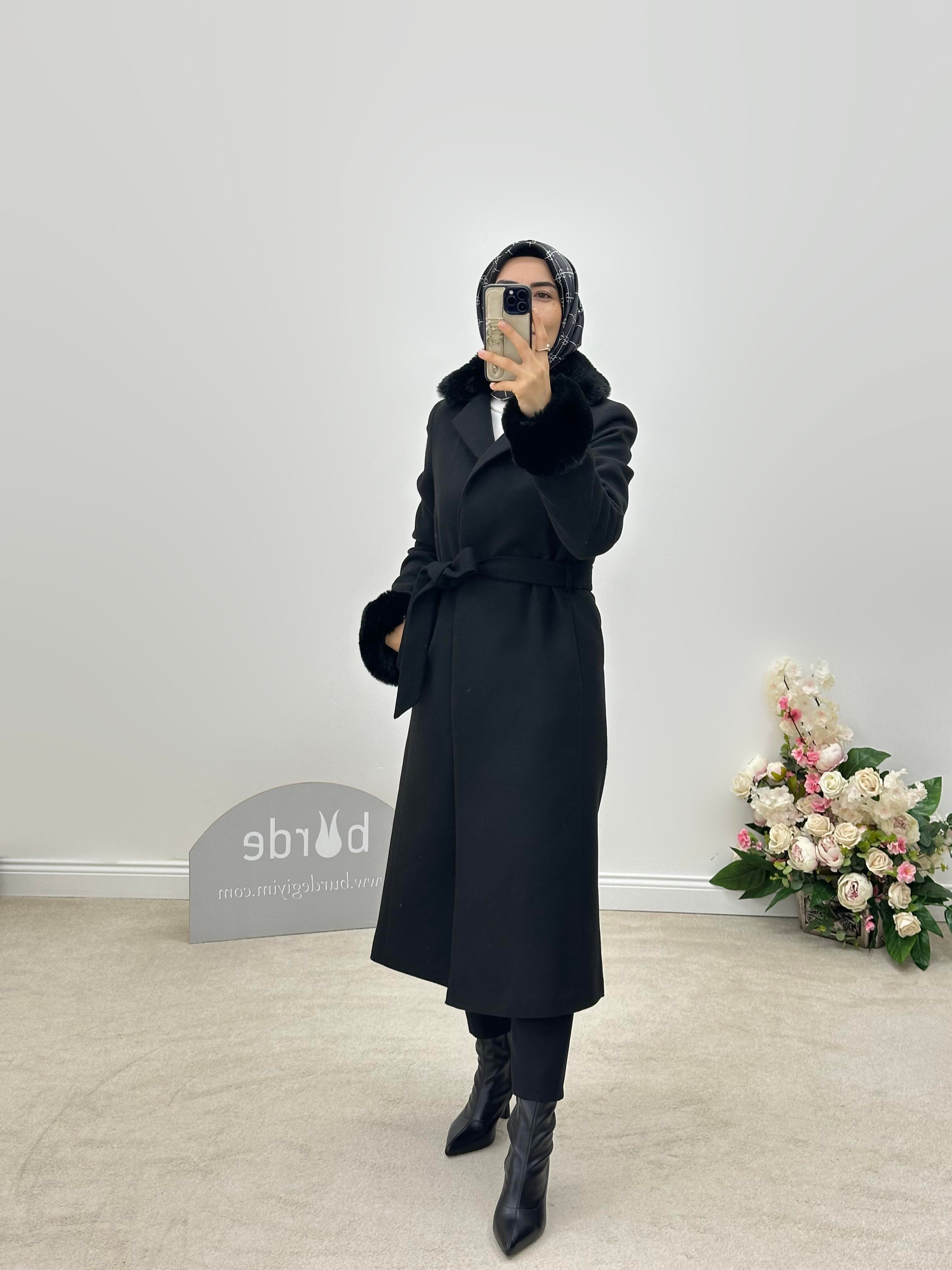Armine Trend Kürklü Kaşe Kaban 24KT816 Siyah