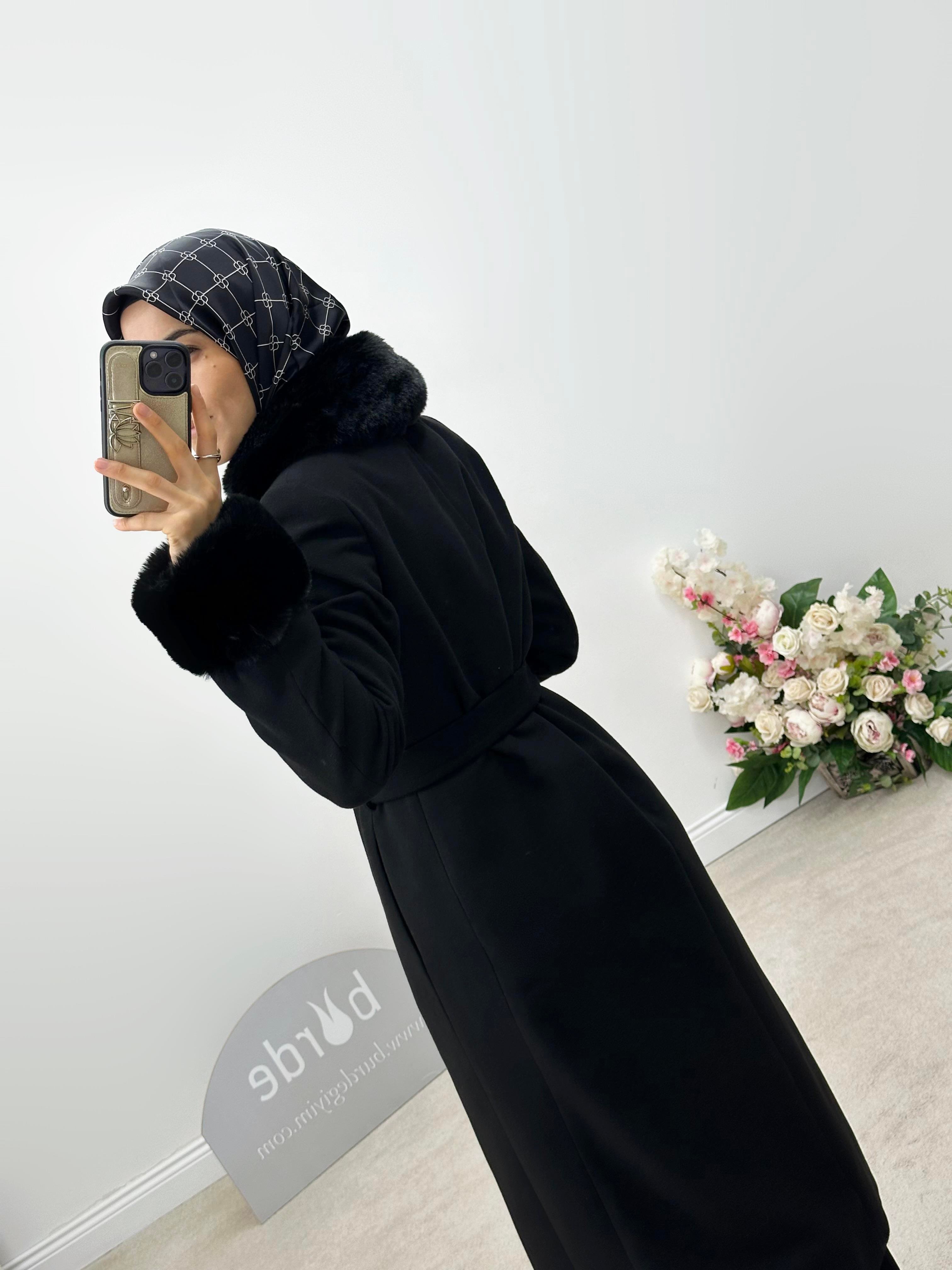 Armine Trend Kürklü Kaşe Kaban 24KT816 Siyah