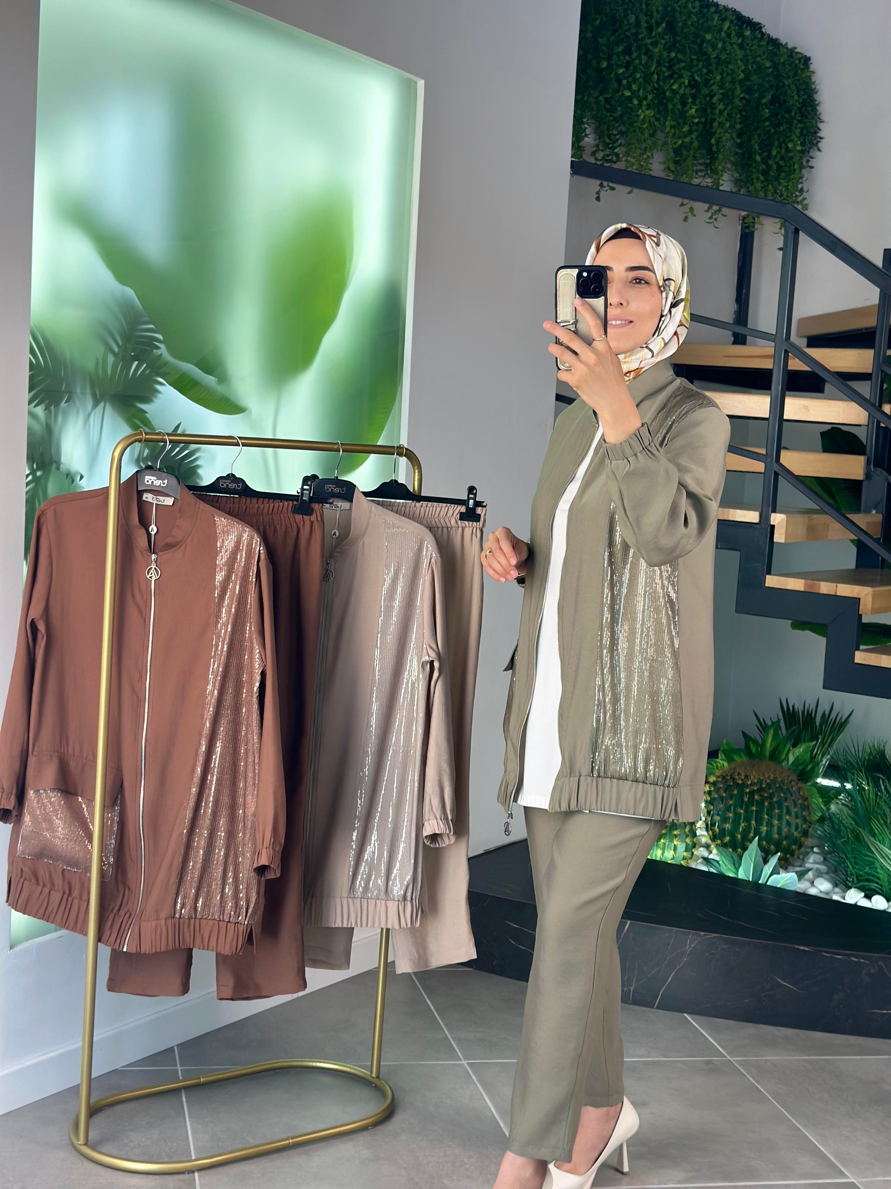 Armine Trend Pul Payetli Pantolonlu Takım 25YT670 Haki 