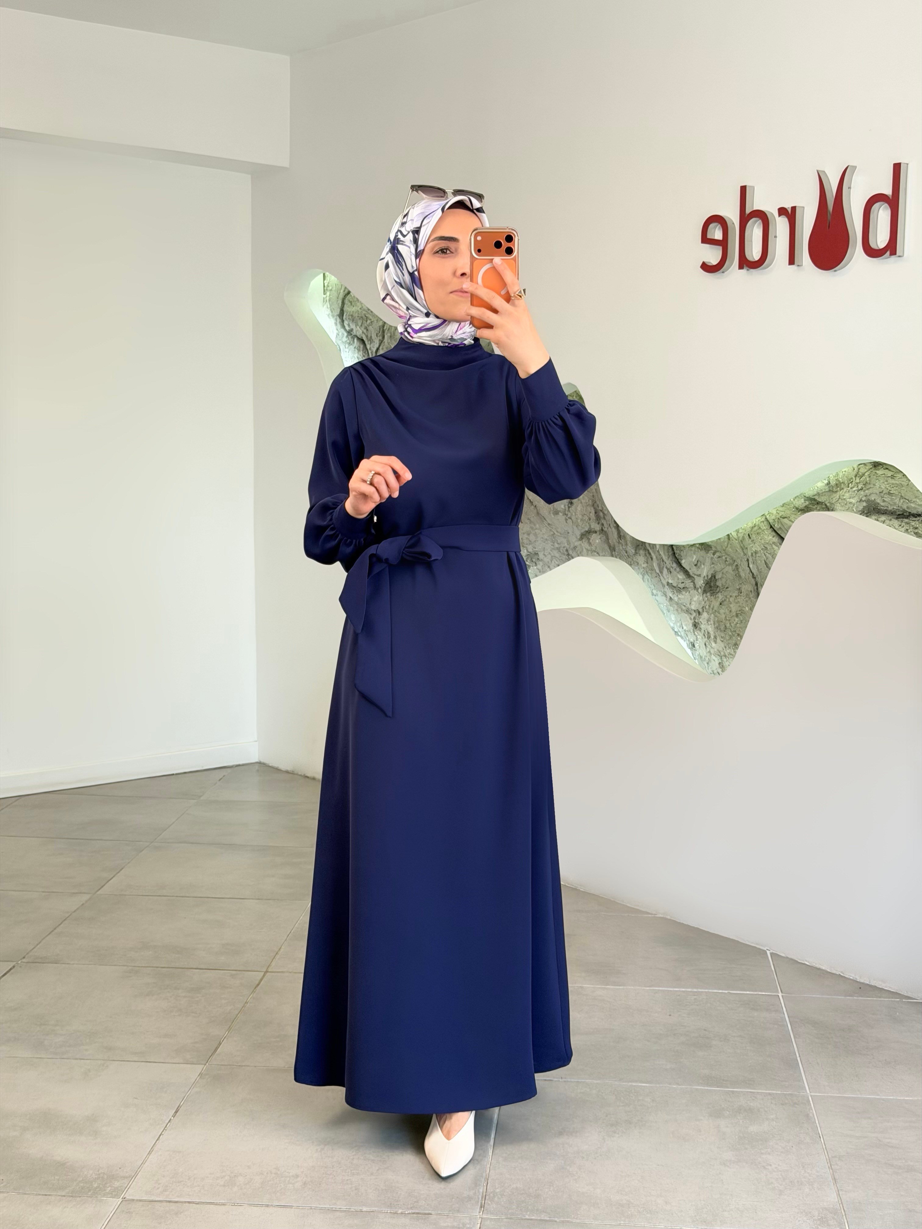 Armine Trend Seyyar Kemerli Krep Elbise 26YT904 İndigo
