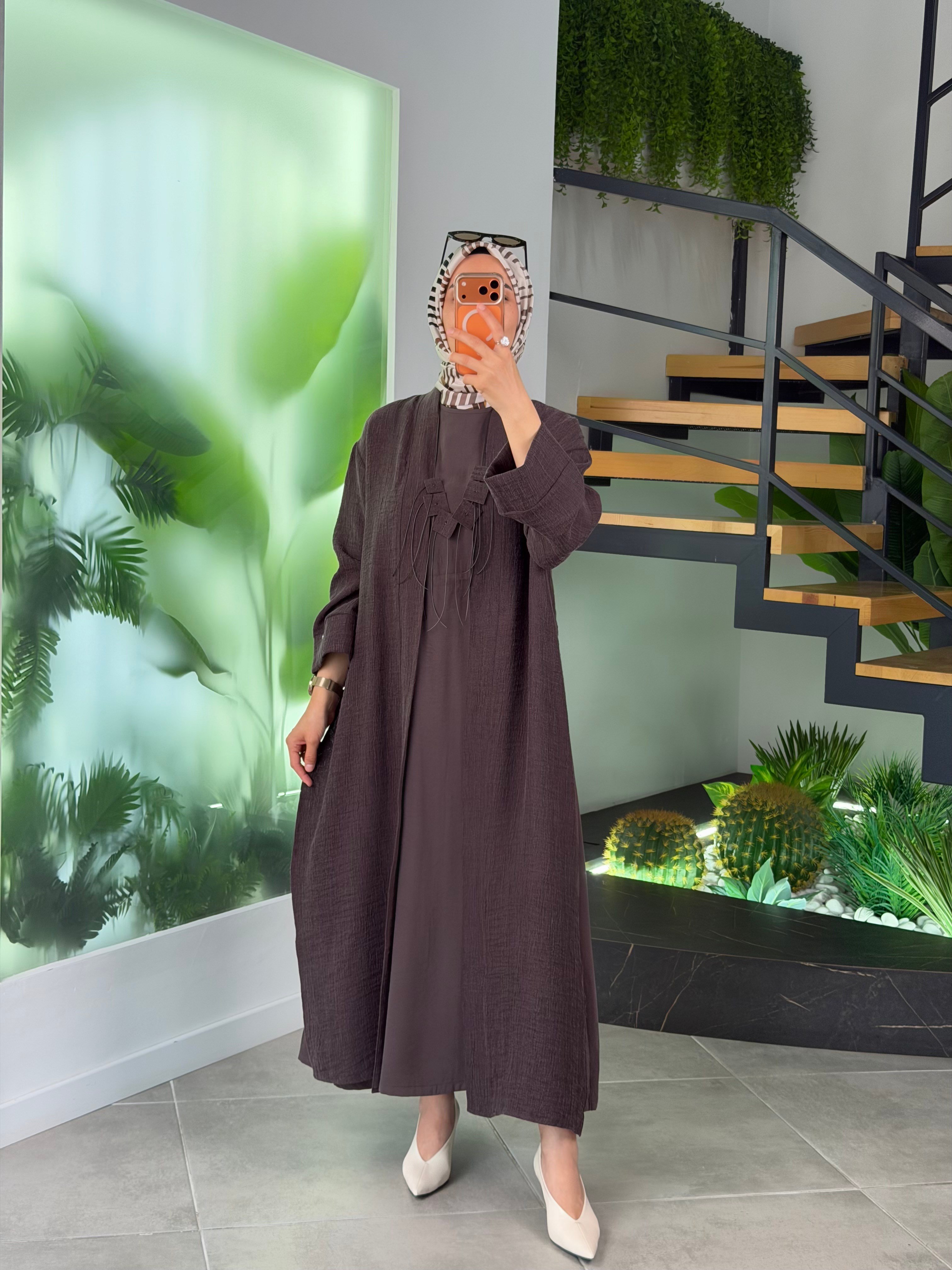 Avenna Soft Touch Elbise& Kimono Premium Takım 26YA628 Kahverengi